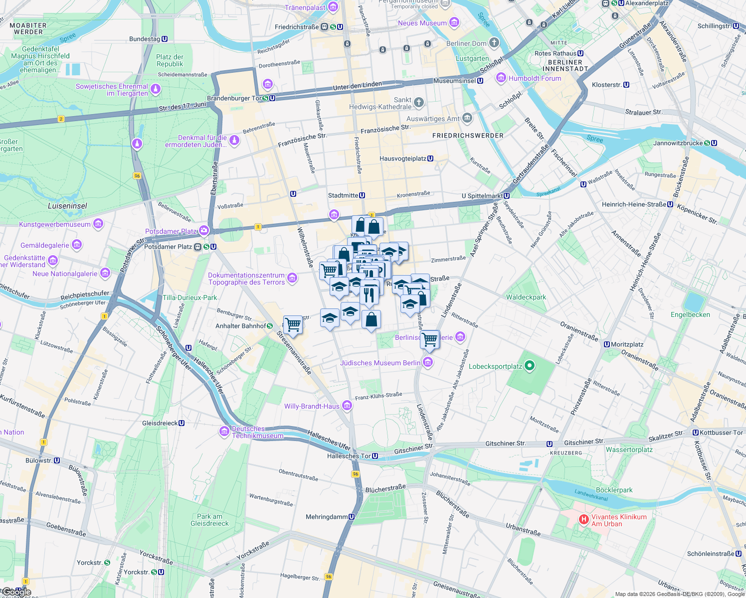 map of restaurants, bars, coffee shops, grocery stores, and more near 40 Friedrichstraße in Berlin