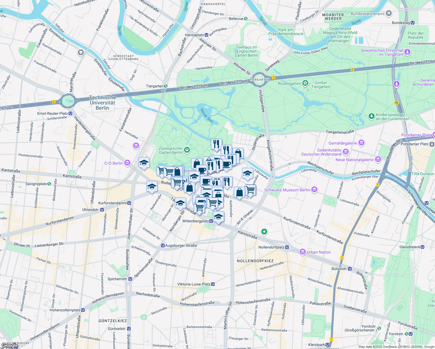 map of restaurants, bars, coffee shops, grocery stores, and more near 25 Budapester Straße in Berlin