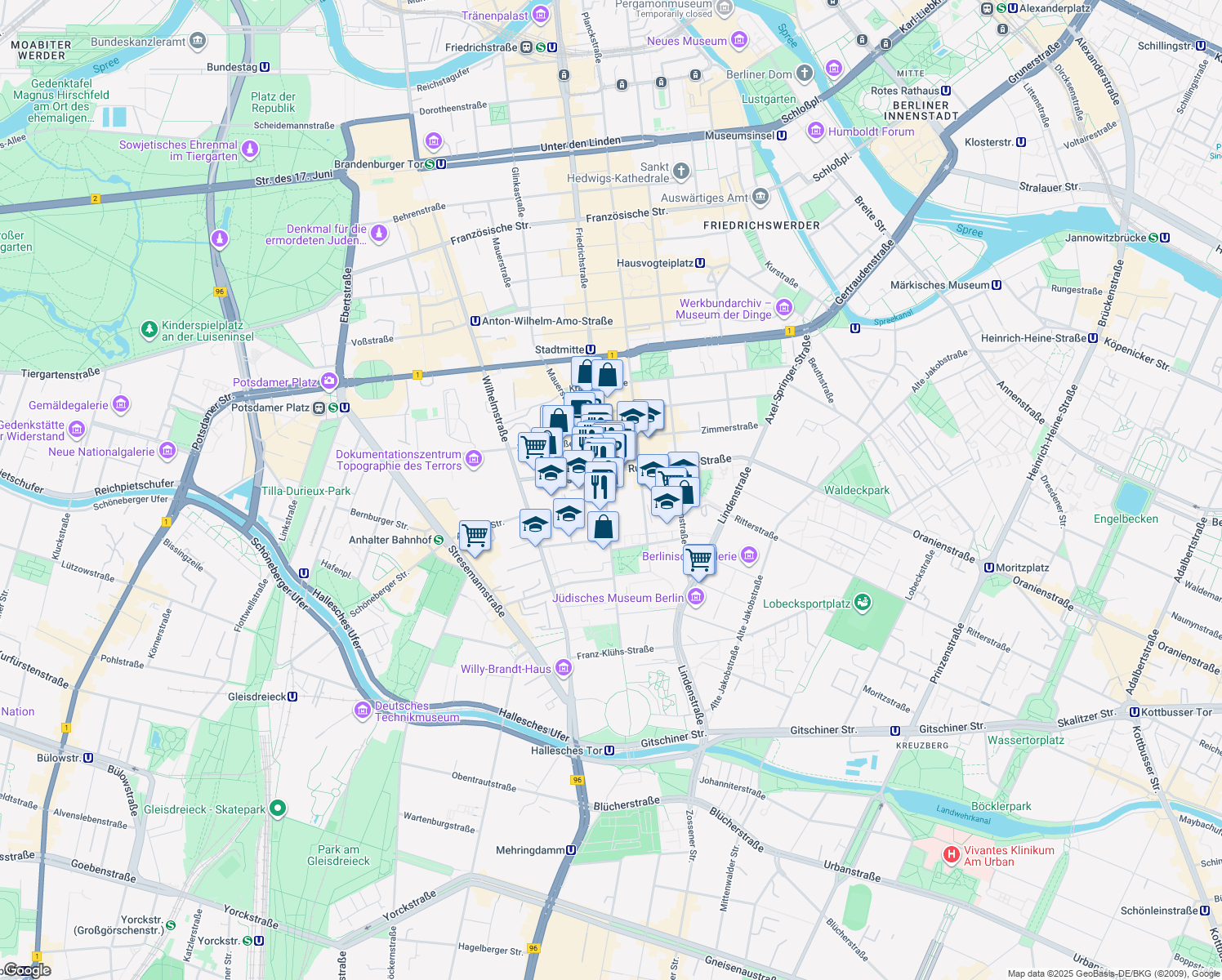 map of restaurants, bars, coffee shops, grocery stores, and more near 40 Friedrichstraße in Berlin