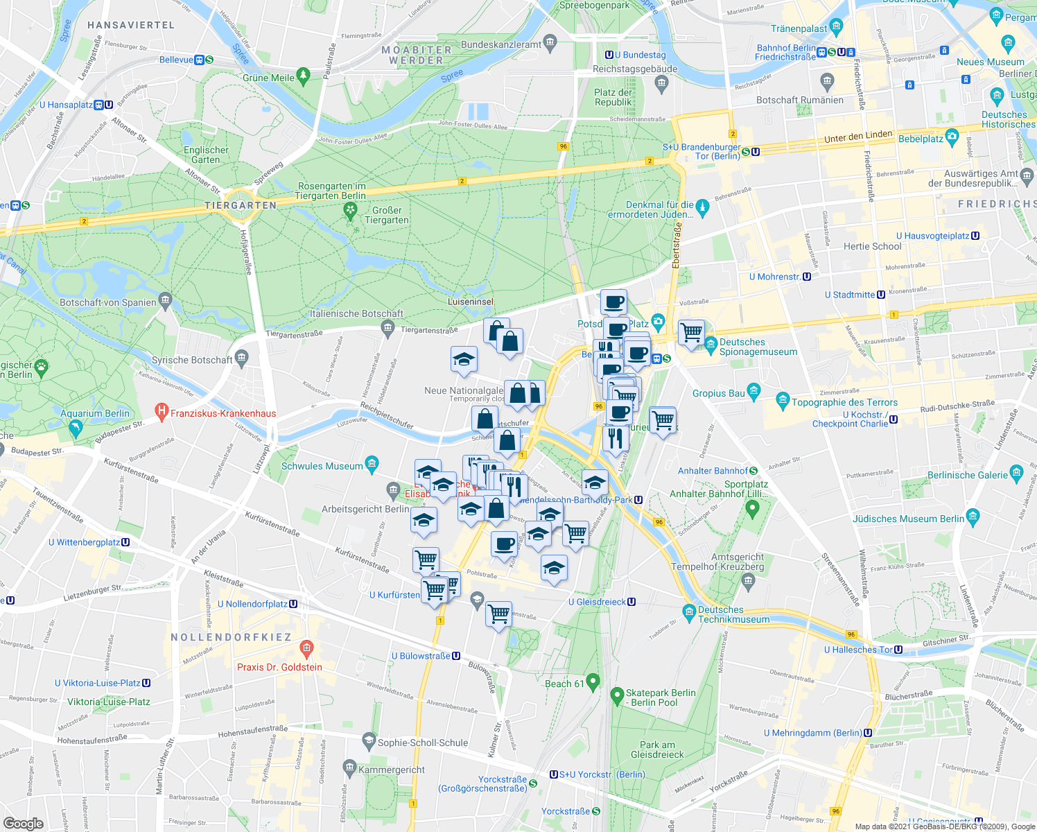 map of restaurants, bars, coffee shops, grocery stores, and more near 50 Potsdamer Straße in Berlin