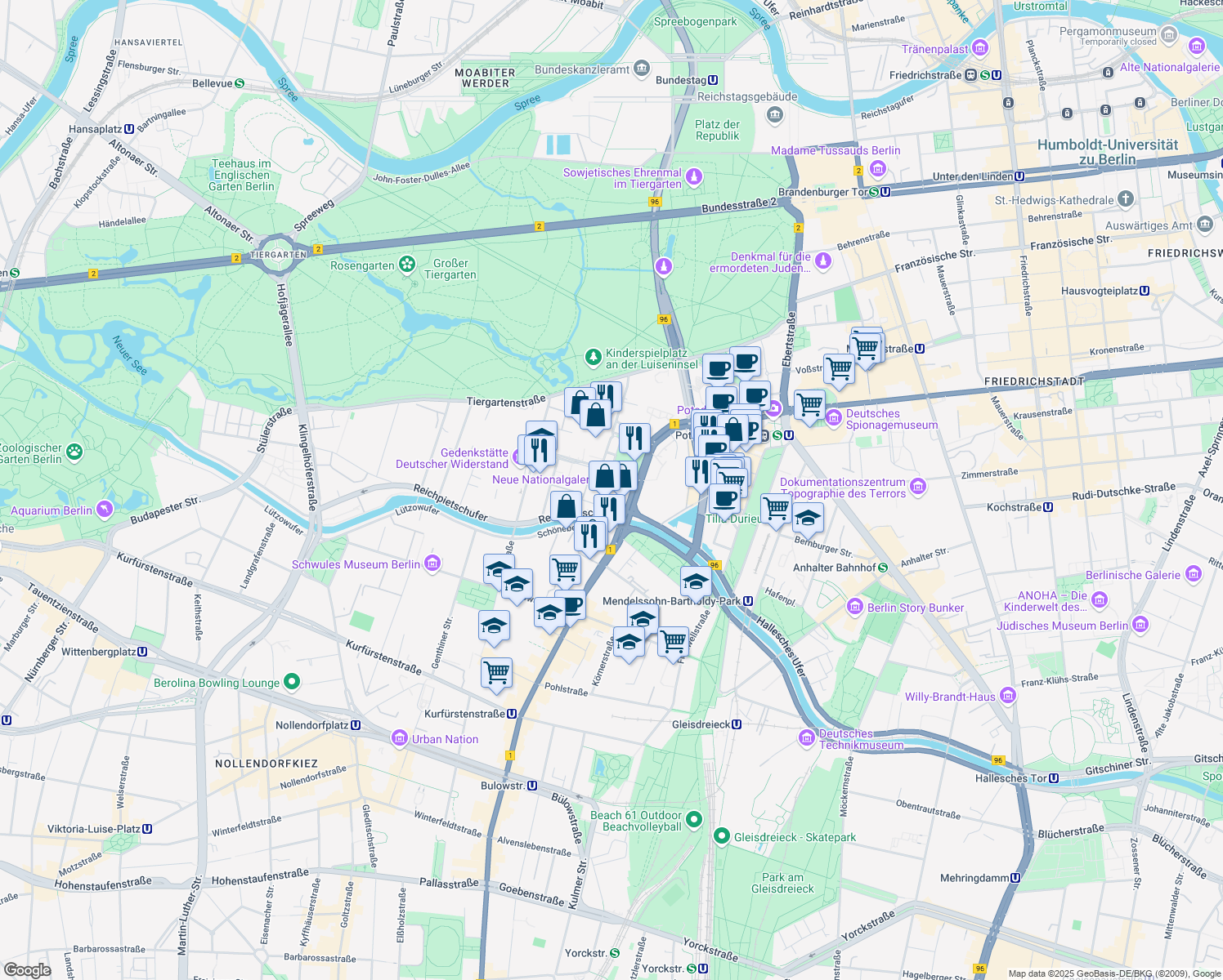 map of restaurants, bars, coffee shops, grocery stores, and more near 50 Potsdamer Straße in Berlin