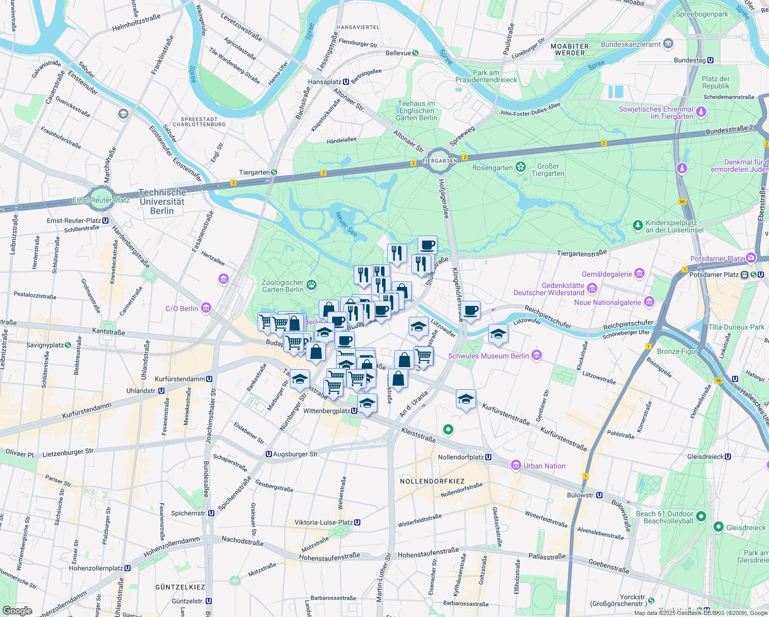 map of restaurants, bars, coffee shops, grocery stores, and more near 2 Budapester Straße in Berlin