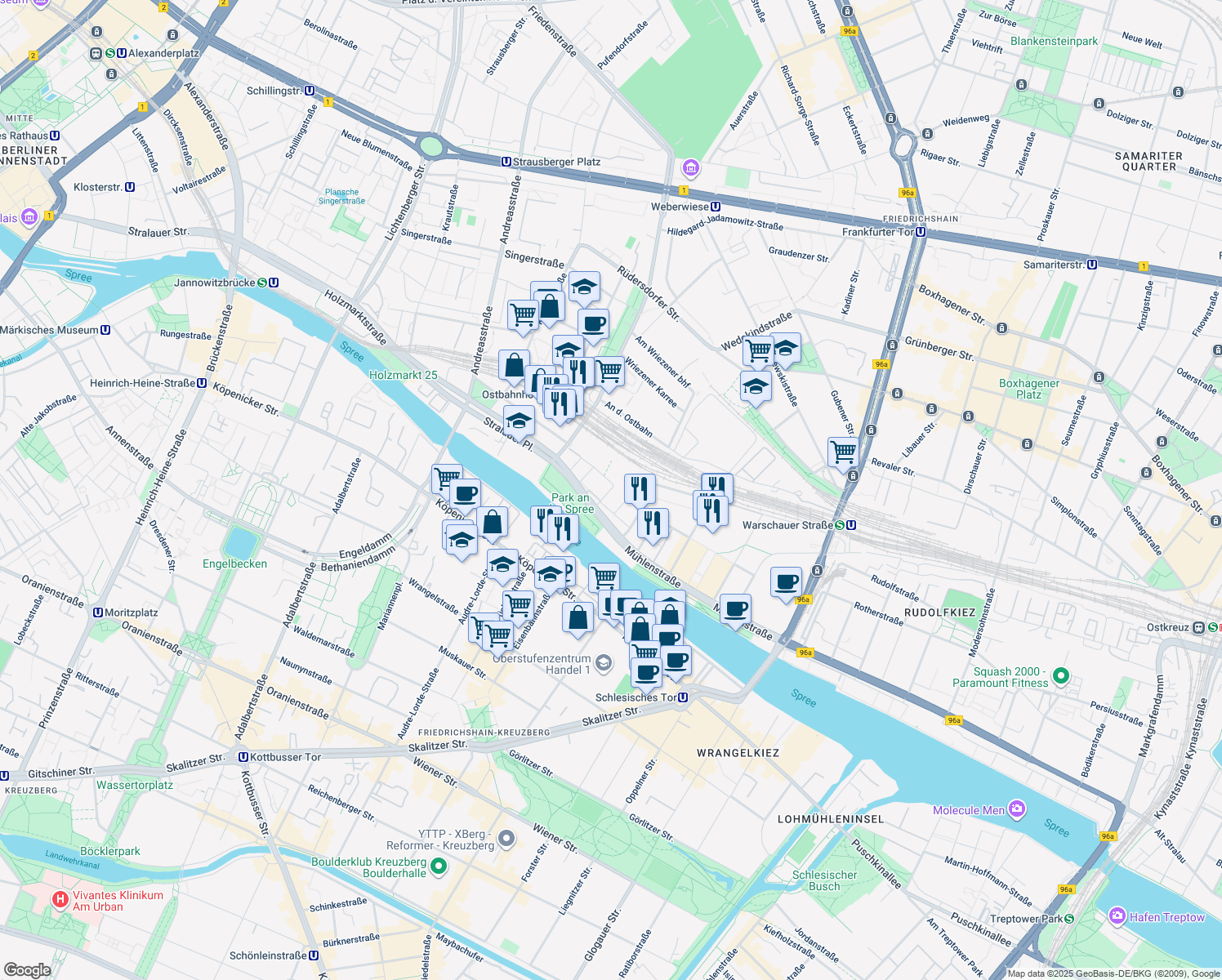 map of restaurants, bars, coffee shops, grocery stores, and more near 17 Am Postbahnhof in Berlin