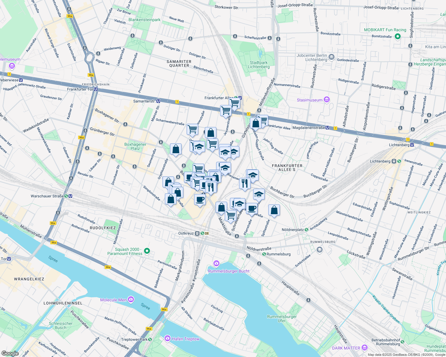map of restaurants, bars, coffee shops, grocery stores, and more near 25 Gürtelstraße in Berlin