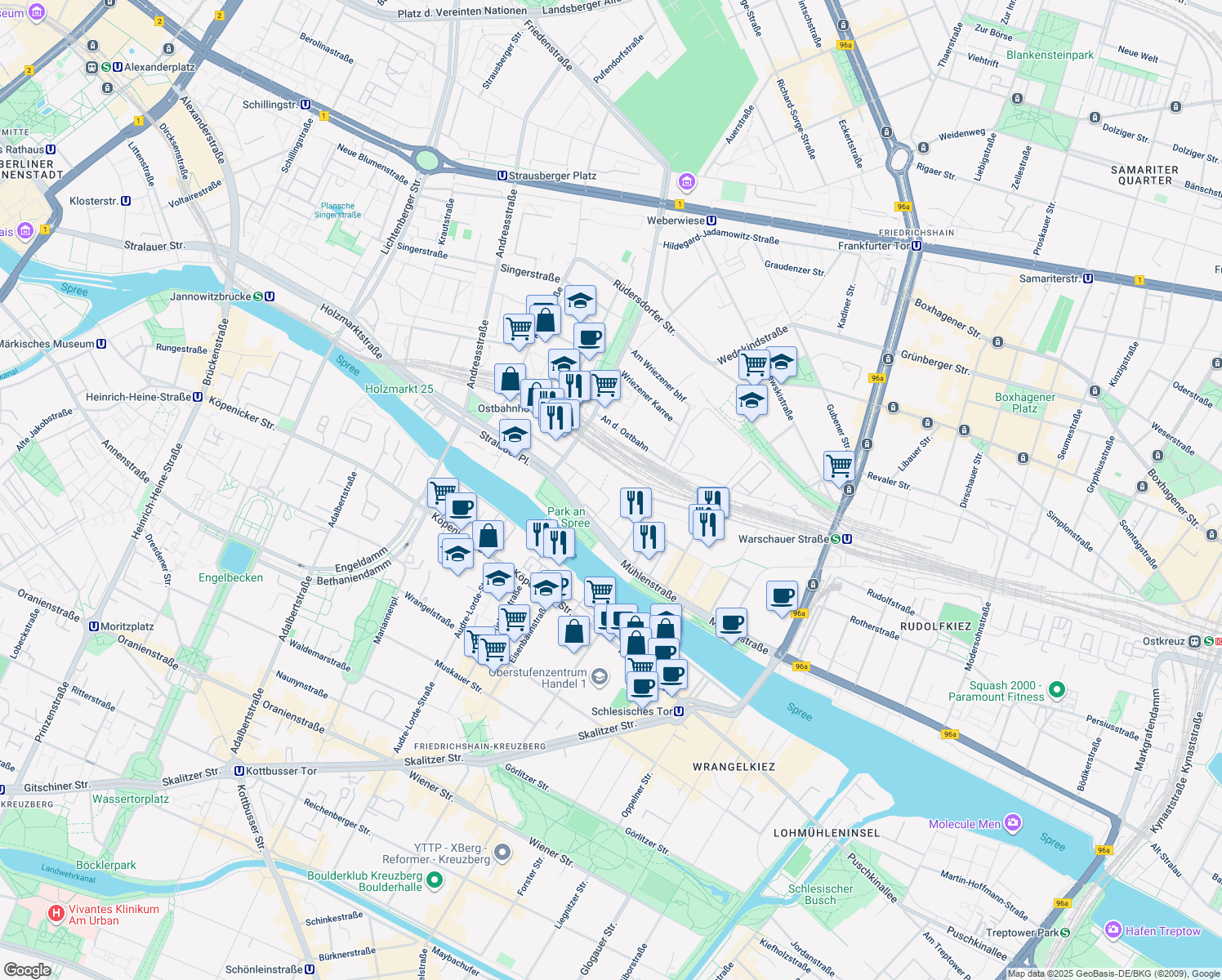 map of restaurants, bars, coffee shops, grocery stores, and more near 17 Am Postbahnhof in Berlin