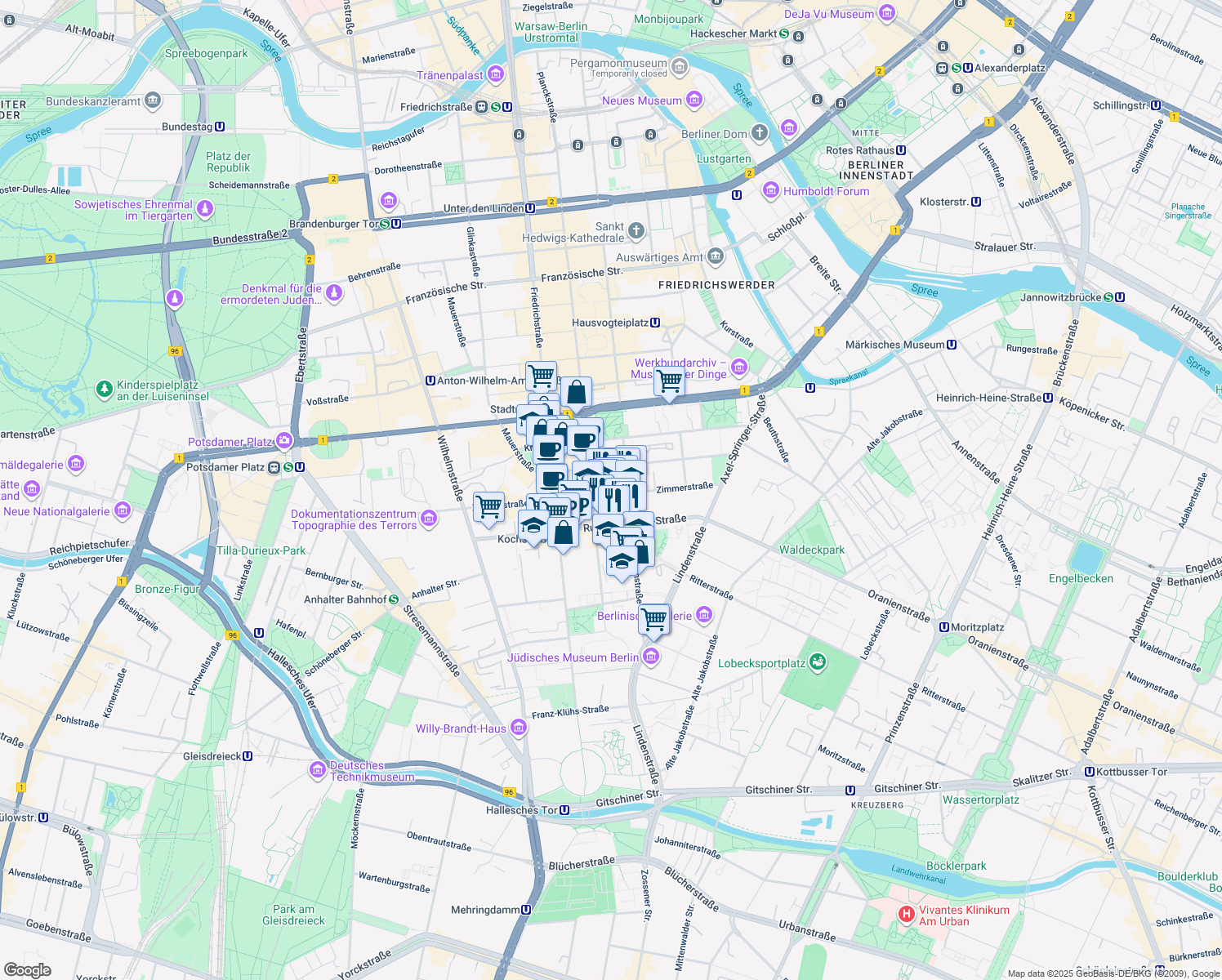 map of restaurants, bars, coffee shops, grocery stores, and more near 67 Zimmerstraße in Berlin