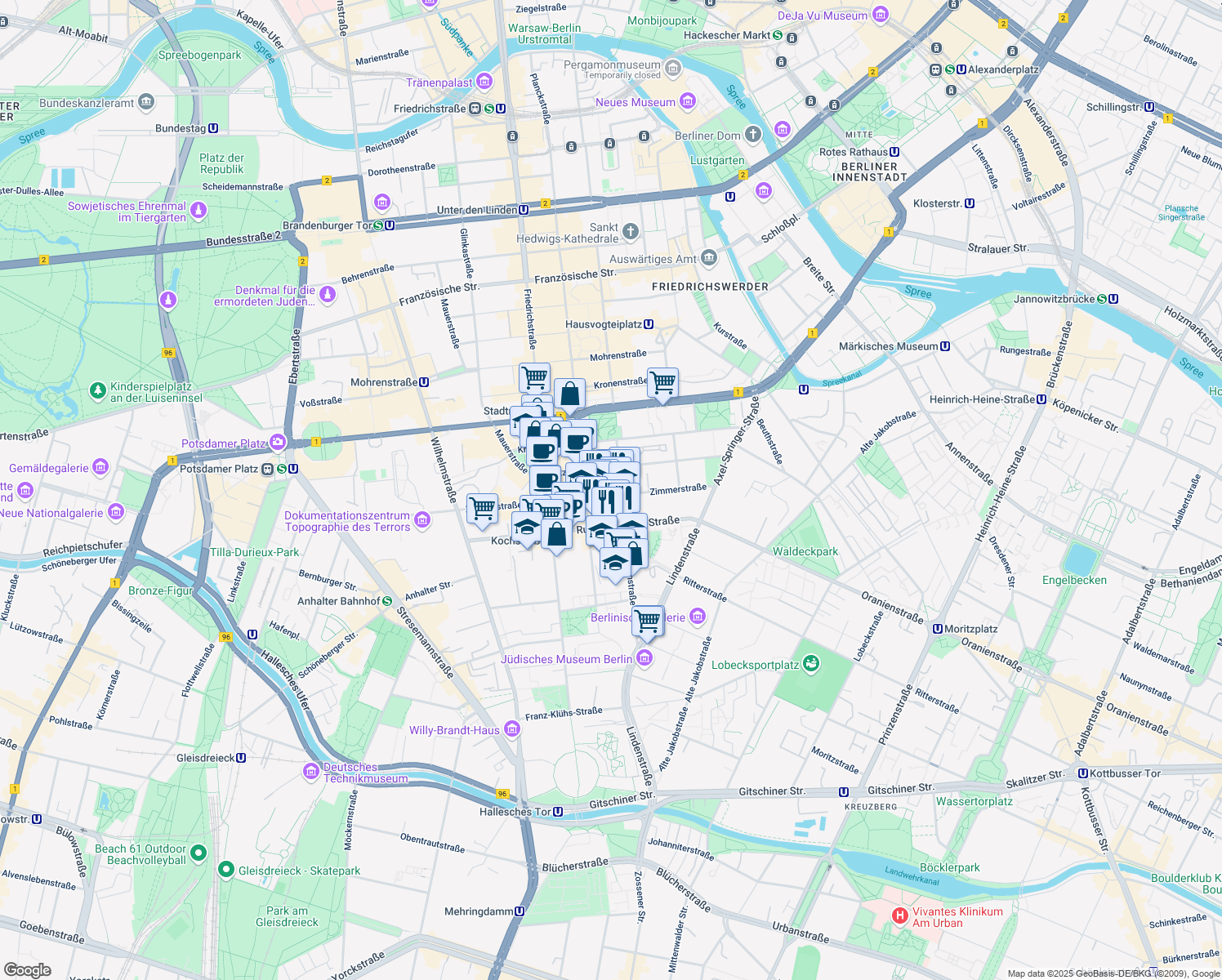 map of restaurants, bars, coffee shops, grocery stores, and more near 68 Zimmerstraße in Berlin