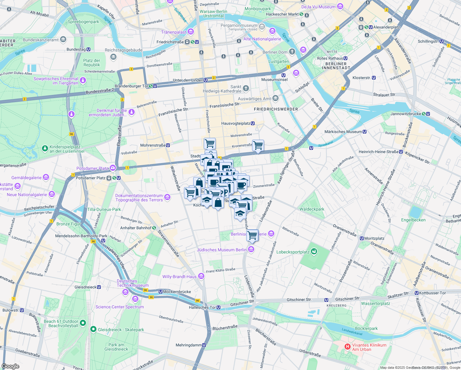 map of restaurants, bars, coffee shops, grocery stores, and more near 16 Charlottenstraße in Berlin