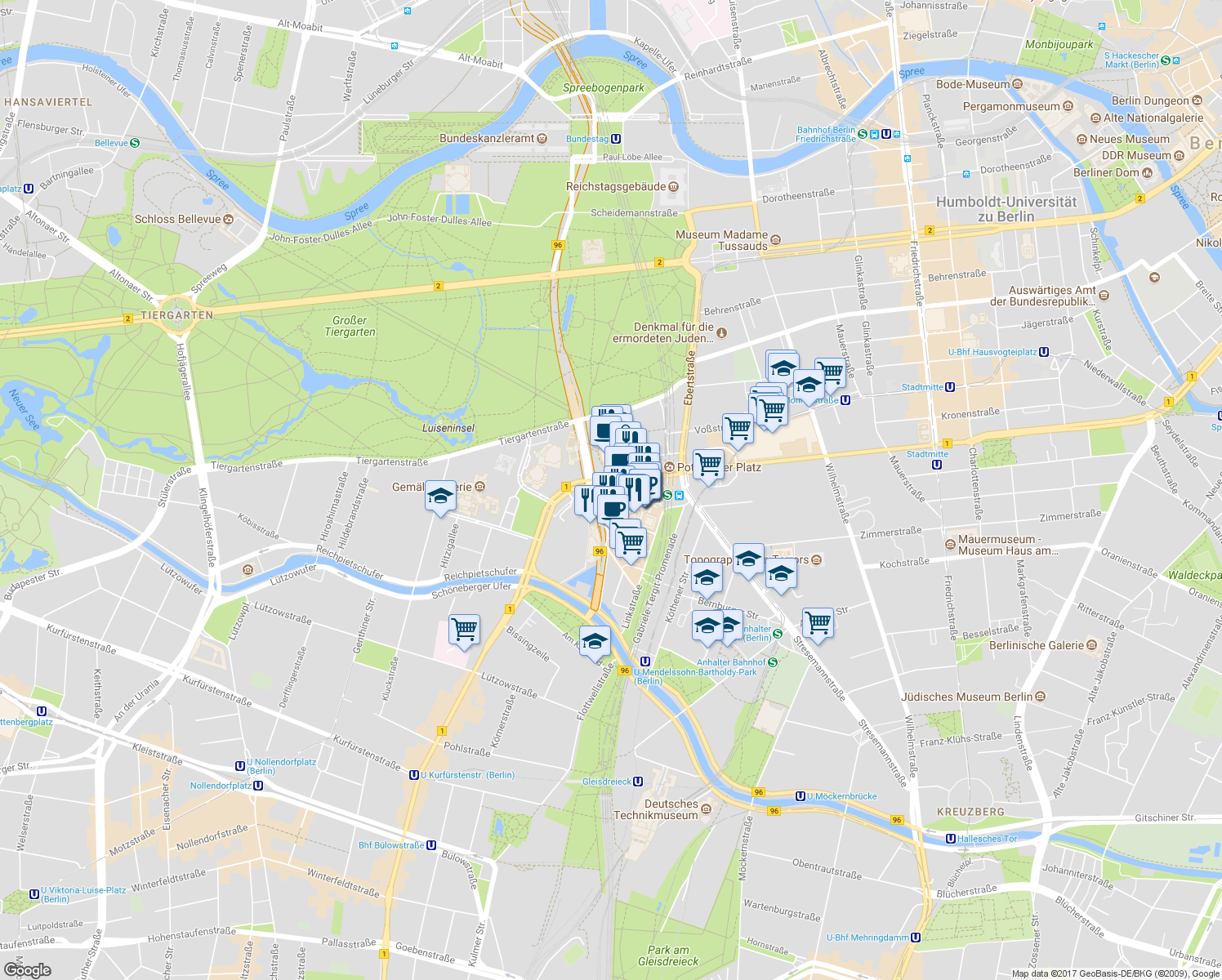 map of restaurants, bars, coffee shops, grocery stores, and more near 7 Potsdamer Straße in Berlin