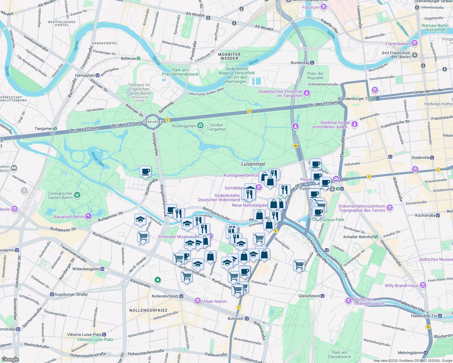 map of restaurants, bars, coffee shops, grocery stores, and more near 19-21 Tiergartenstraße in Berlin