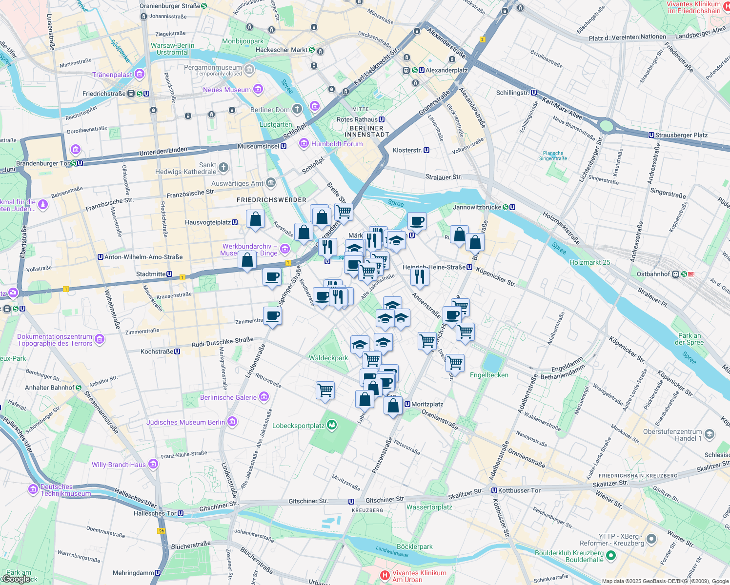 map of restaurants, bars, coffee shops, grocery stores, and more near 85-86 Alte Jakobstraße in Berlin