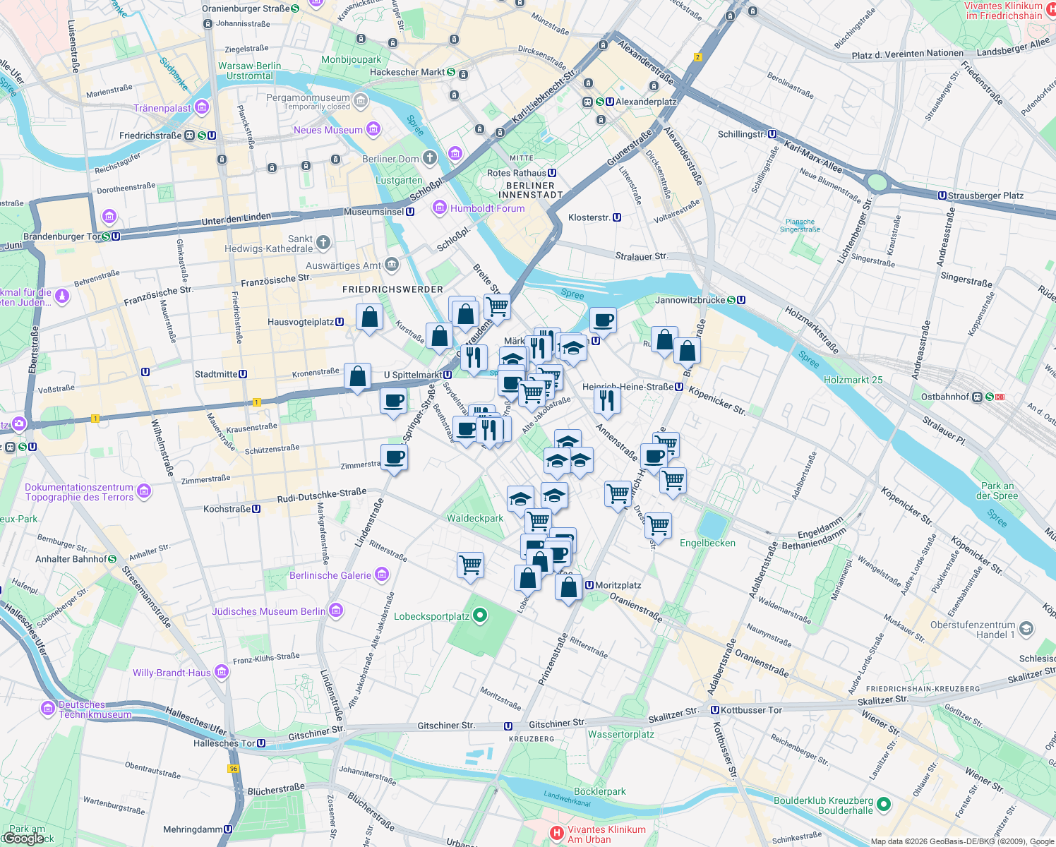 map of restaurants, bars, coffee shops, grocery stores, and more near 85-86 Alte Jakobstraße in Berlin