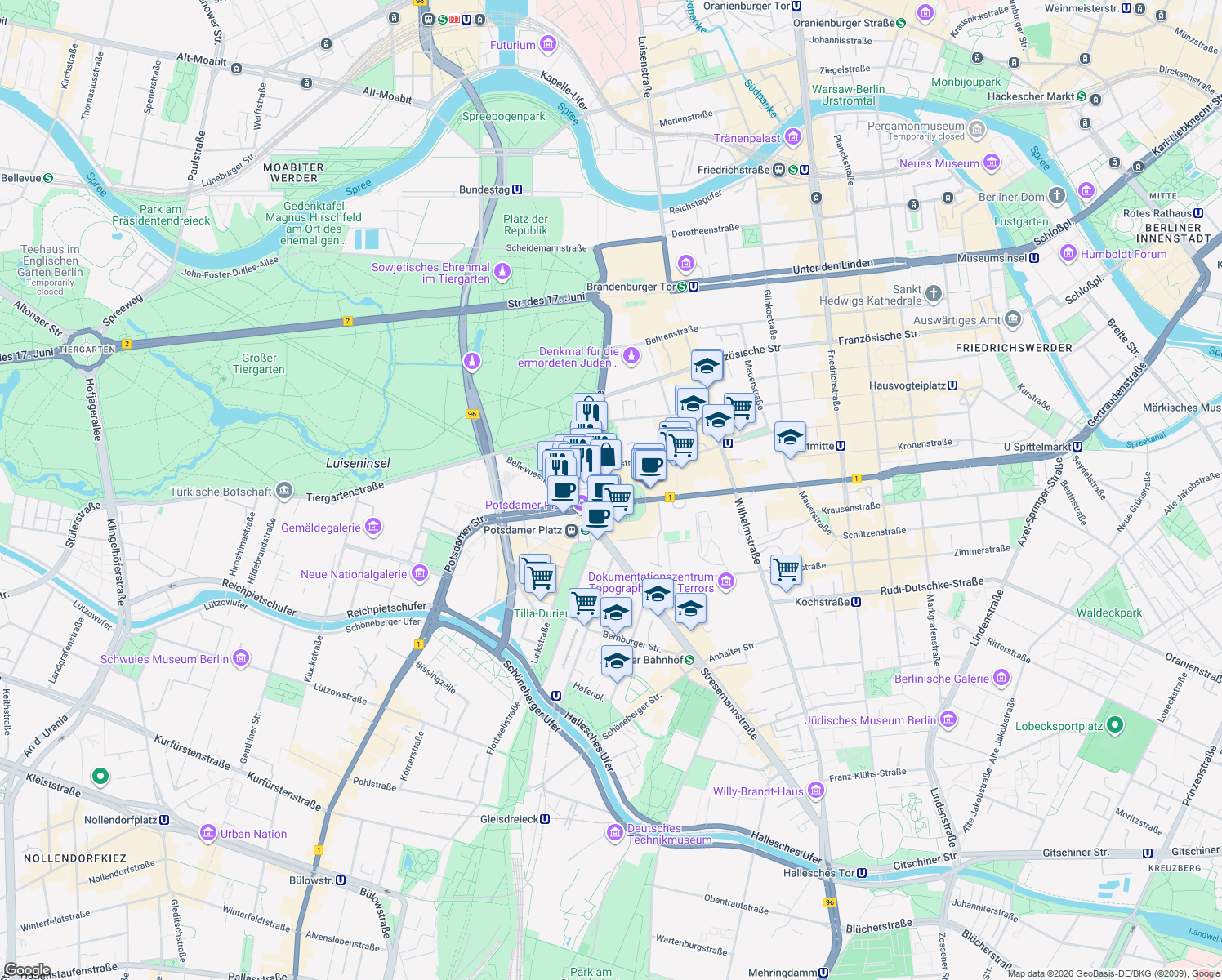 map of restaurants, bars, coffee shops, grocery stores, and more near 18 Leipziger Platz in Berlin