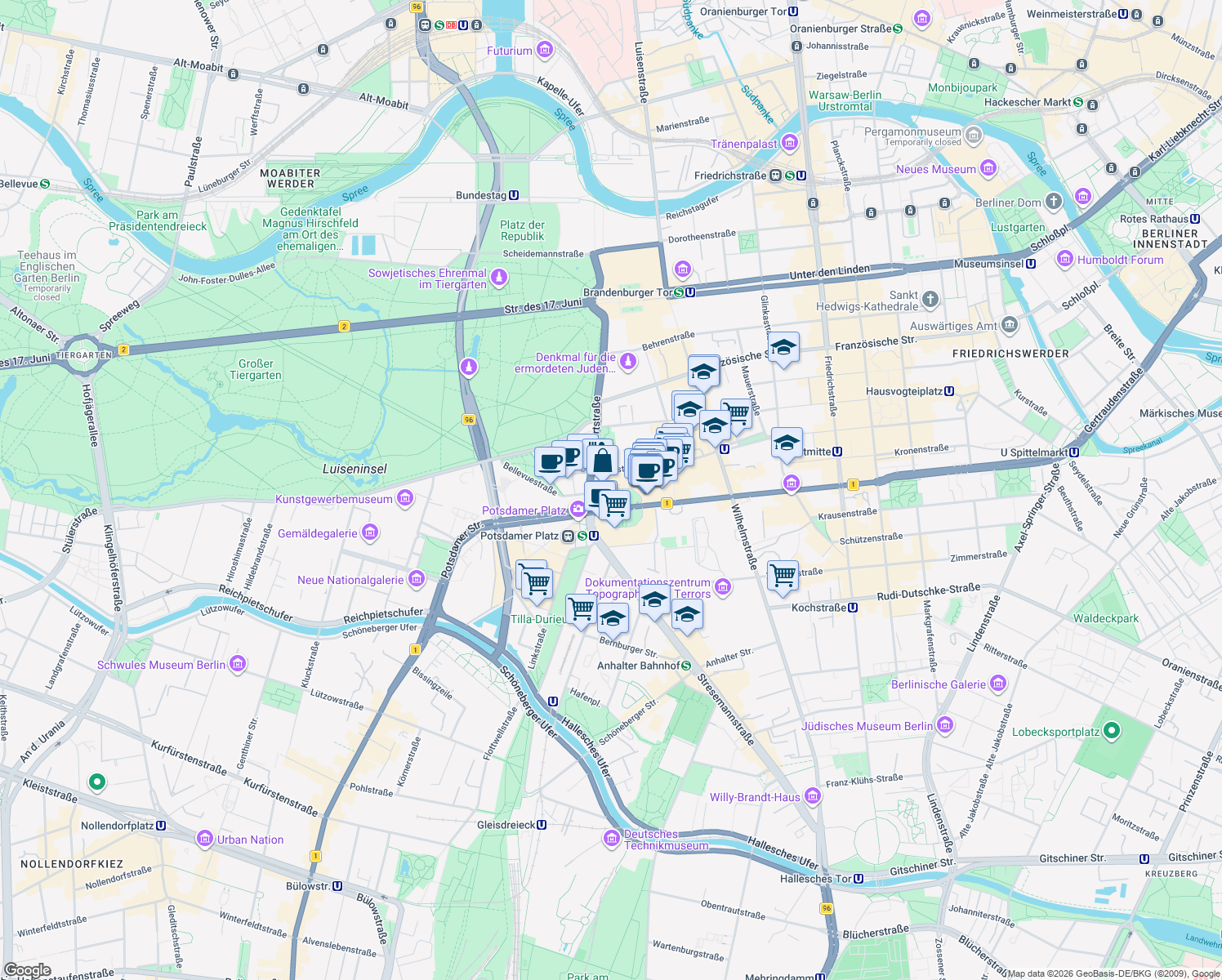 map of restaurants, bars, coffee shops, grocery stores, and more near 18 Leipziger Platz in Berlin