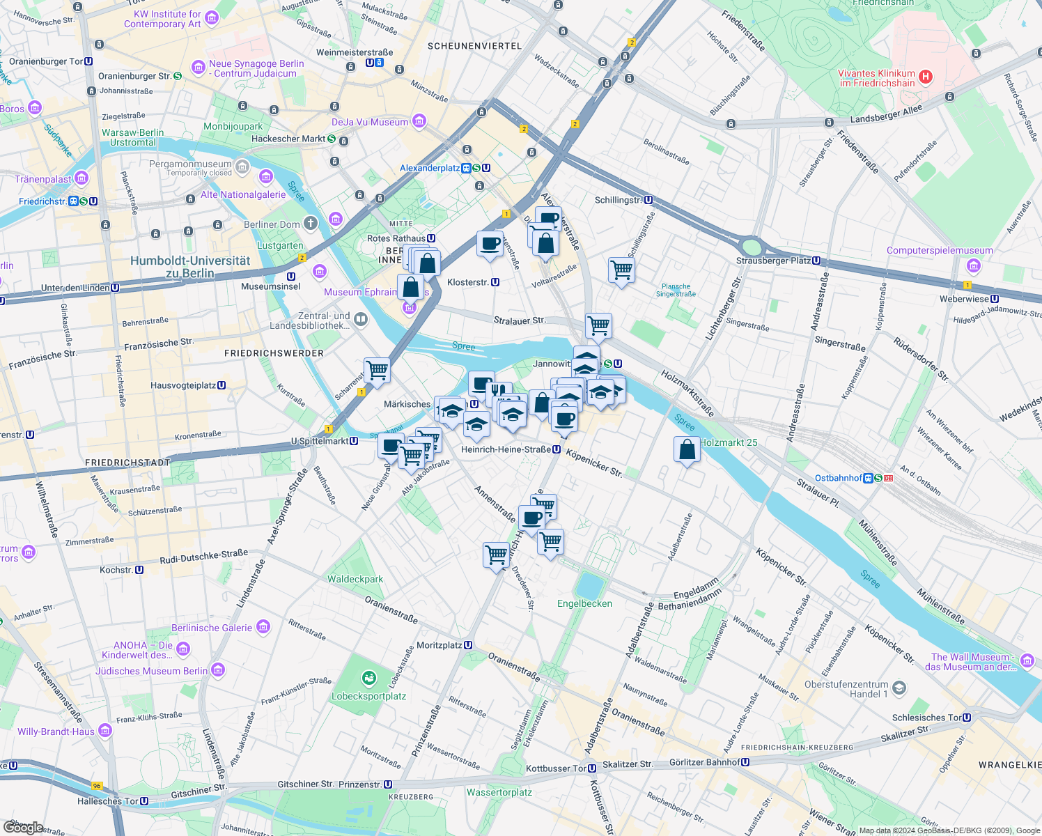 map of restaurants, bars, coffee shops, grocery stores, and more near in Berlin