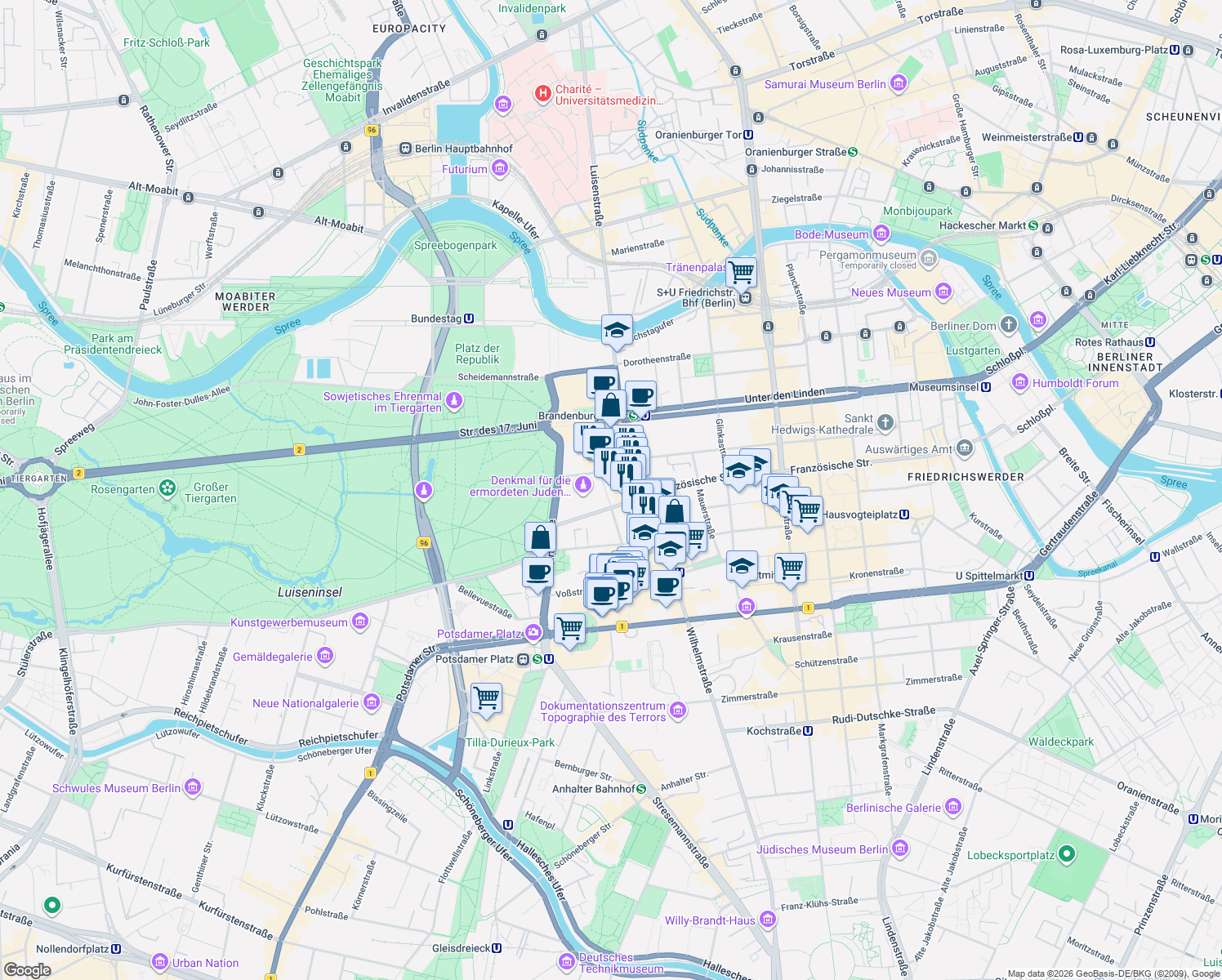 map of restaurants, bars, coffee shops, grocery stores, and more near 2 Cora-Berliner-Straße in Berlin