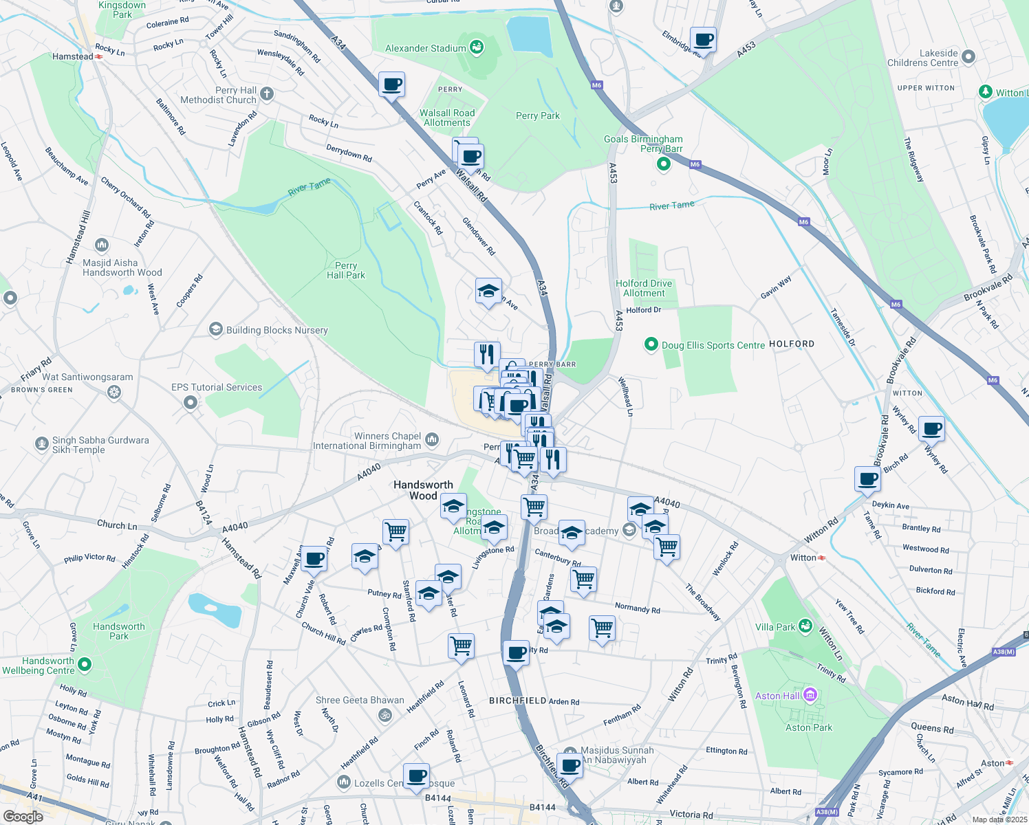 map of restaurants, bars, coffee shops, grocery stores, and more near in West Midlands