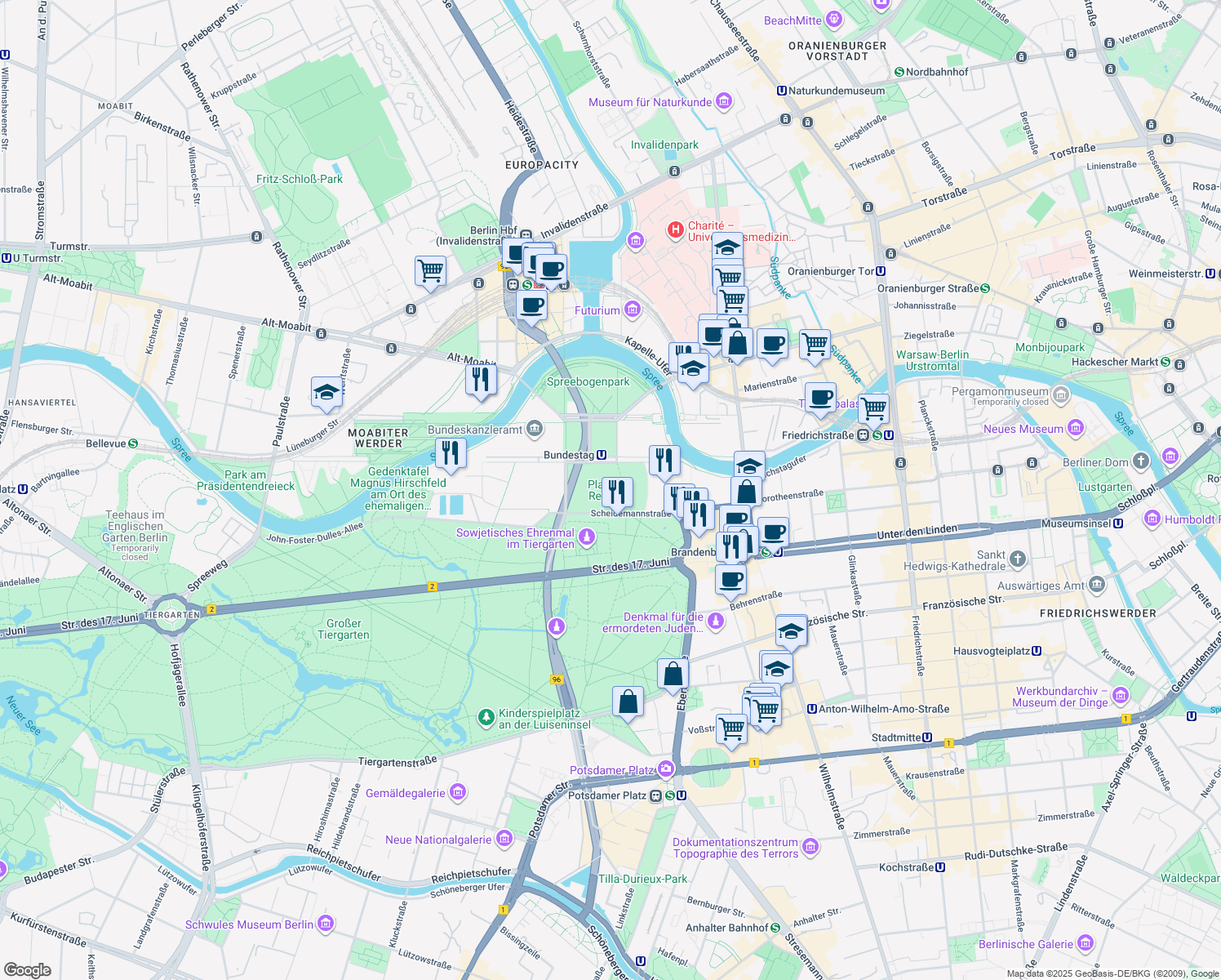 map of restaurants, bars, coffee shops, grocery stores, and more near Platz der Republik in Berlin
