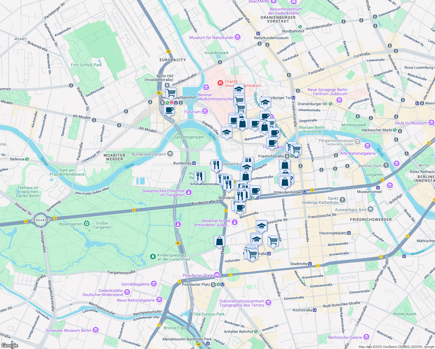 map of restaurants, bars, coffee shops, grocery stores, and more near 1 Platz der Republik in Berlin