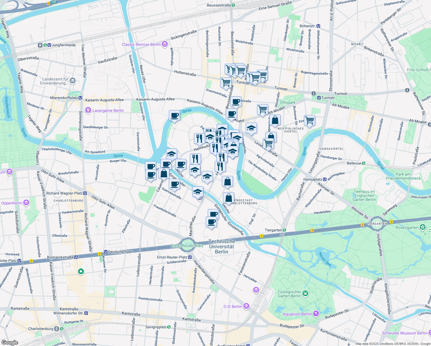 map of restaurants, bars, coffee shops, grocery stores, and more near 26A Franklinstraße in Berlin