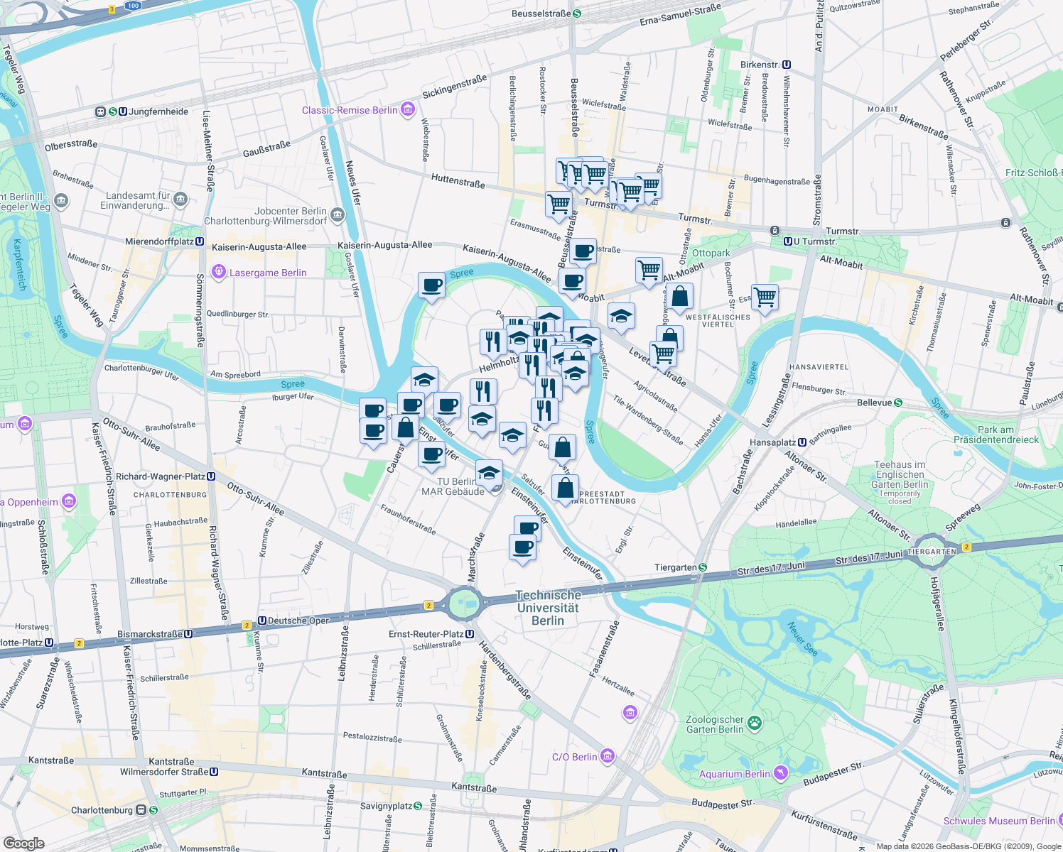 map of restaurants, bars, coffee shops, grocery stores, and more near 26A Franklinstraße in Berlin