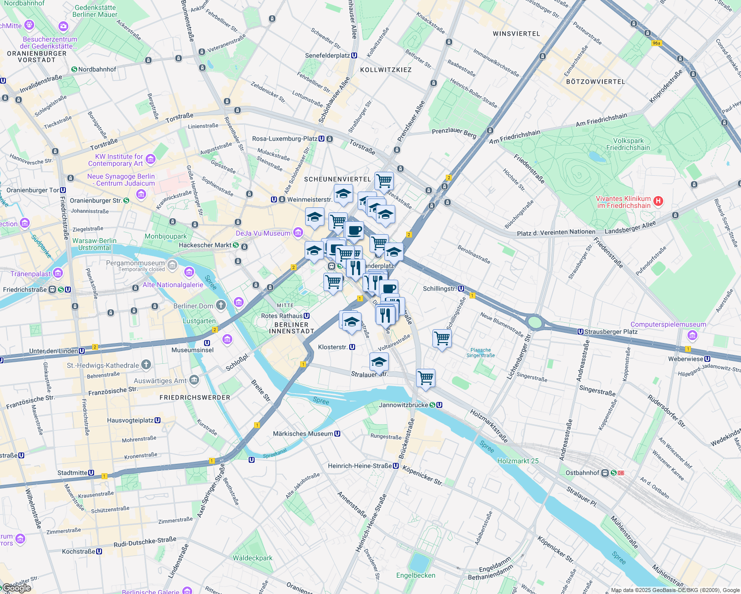 map of restaurants, bars, coffee shops, grocery stores, and more near Dircksenstraße in Berlin