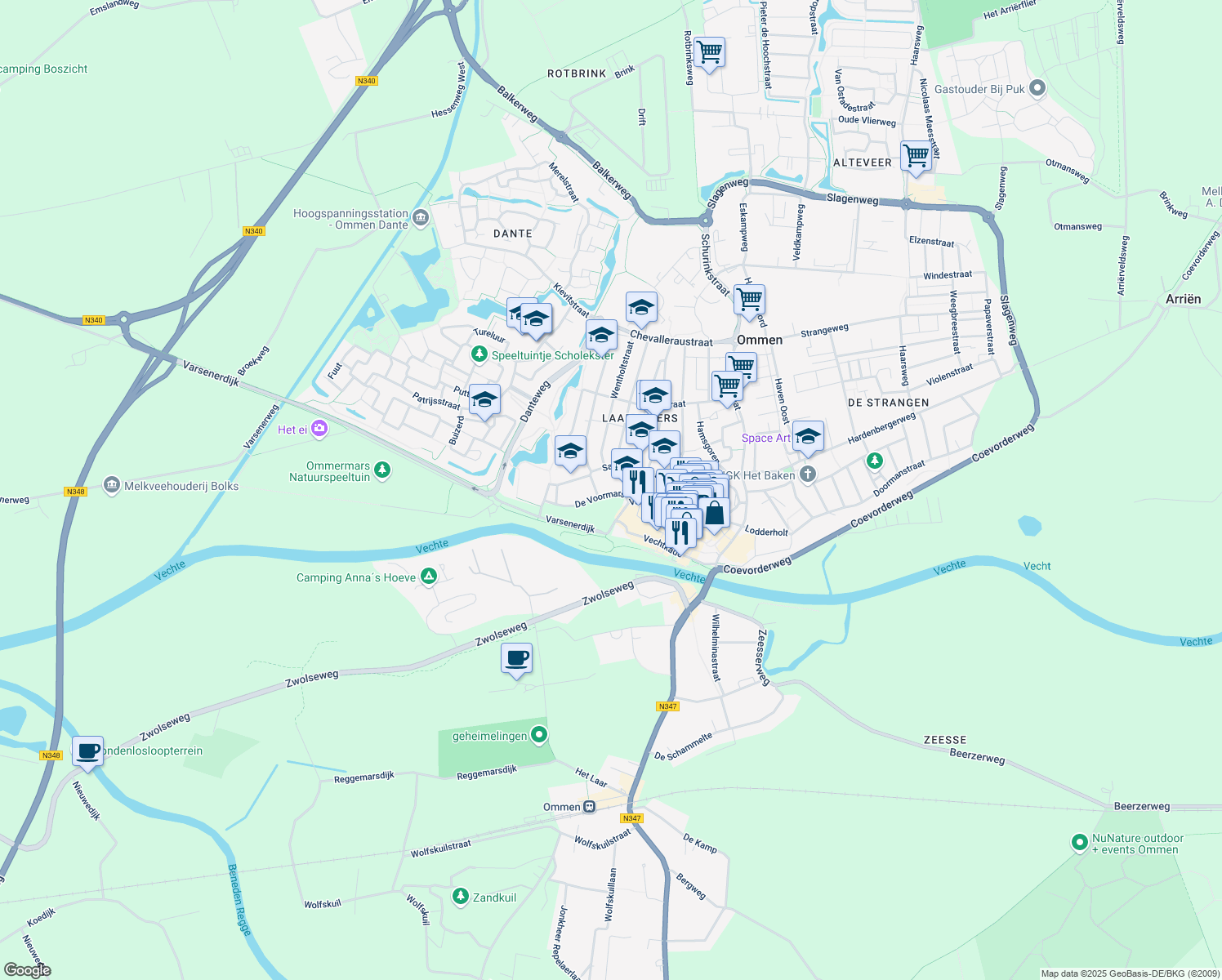 map of restaurants, bars, coffee shops, grocery stores, and more near 6A De Voormars in Ommen