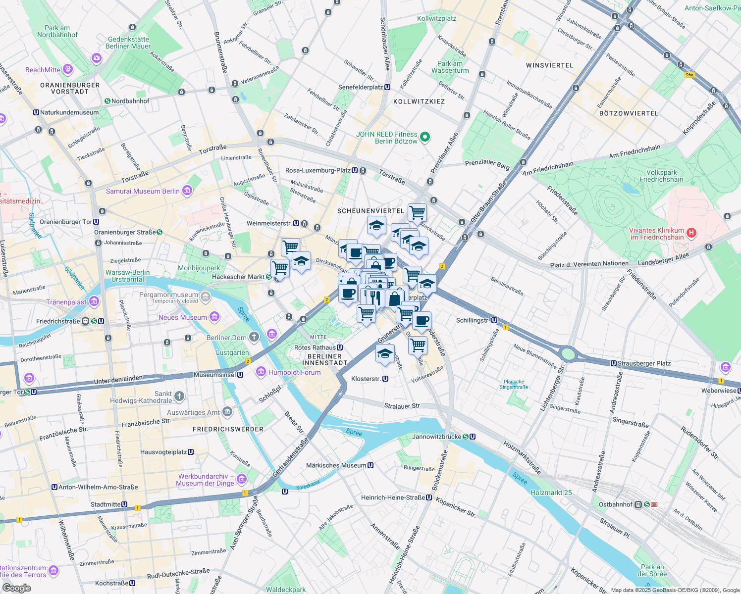 map of restaurants, bars, coffee shops, grocery stores, and more near Alexanderplatz in Berlin