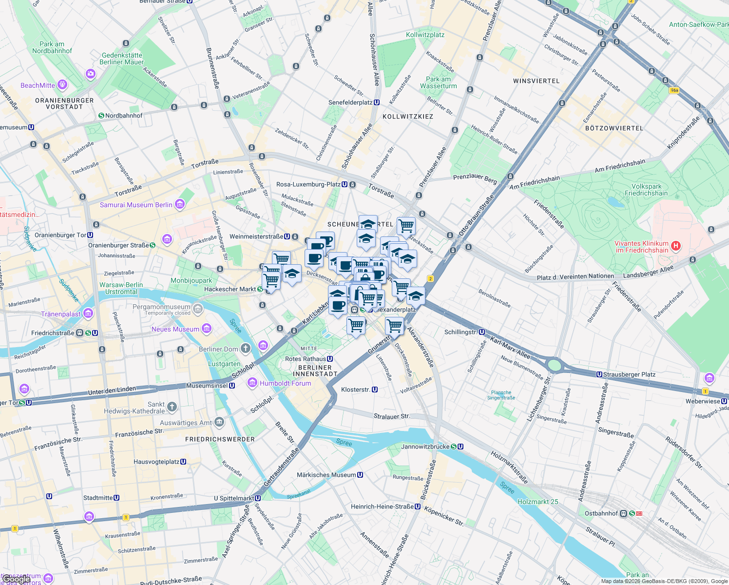 map of restaurants, bars, coffee shops, grocery stores, and more near 9 Alexanderplatz in Berlin