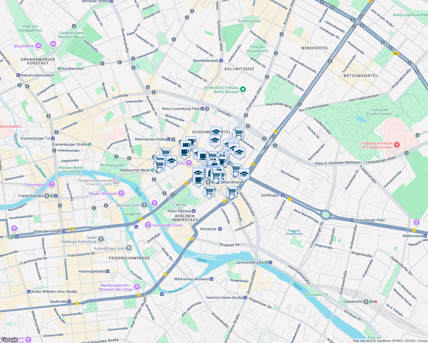 map of restaurants, bars, coffee shops, grocery stores, and more near 9 Alexanderplatz in Berlin