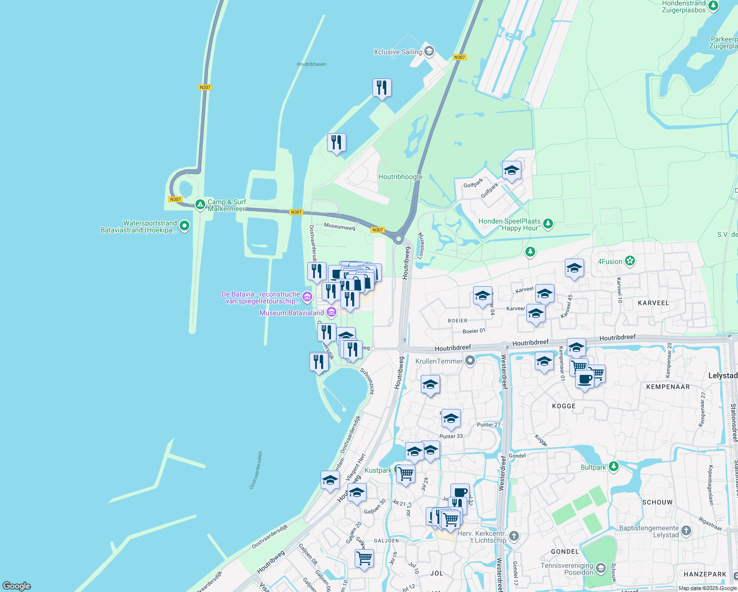 map of restaurants, bars, coffee shops, grocery stores, and more near 44 Bataviaplein in Lelystad