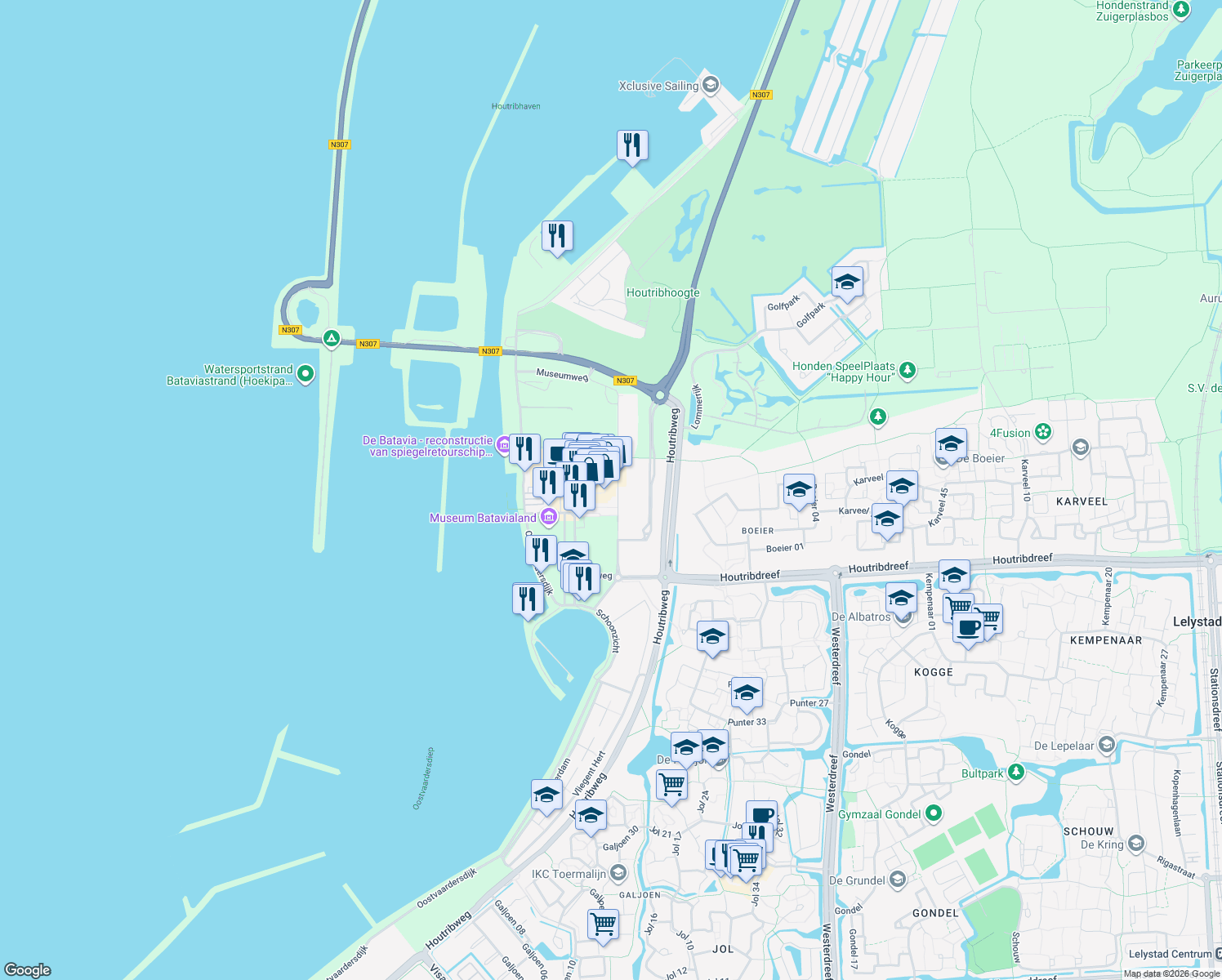 map of restaurants, bars, coffee shops, grocery stores, and more near 44 Bataviaplein in Lelystad