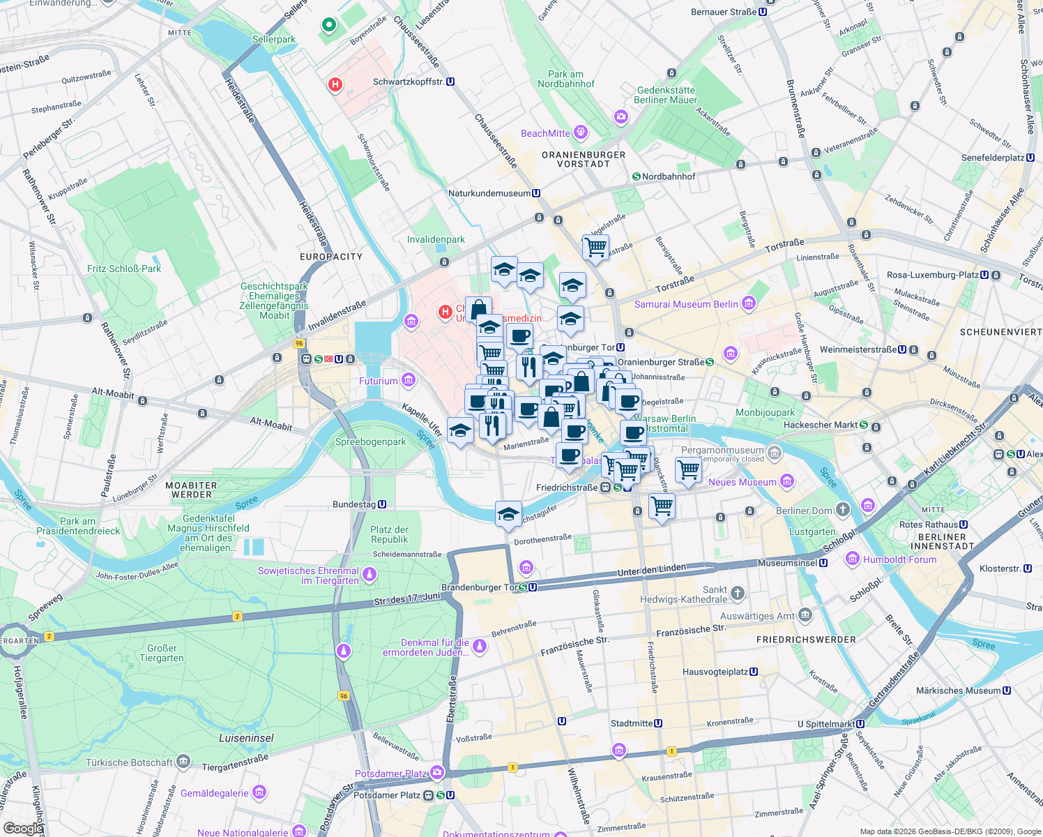 map of restaurants, bars, coffee shops, grocery stores, and more near 30 Reinhardtstraße in Berlin