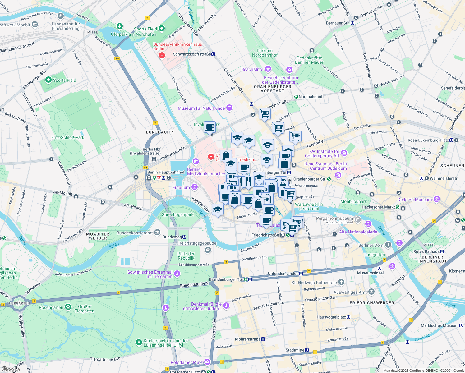 map of restaurants, bars, coffee shops, grocery stores, and more near 52 Luisenstraße in Berlin