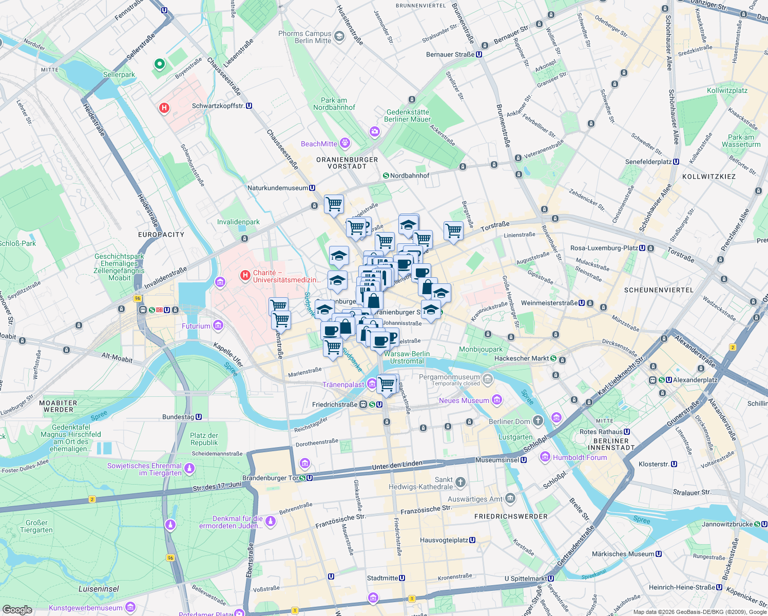 map of restaurants, bars, coffee shops, grocery stores, and more near 110 Friedrichstraße in Berlin