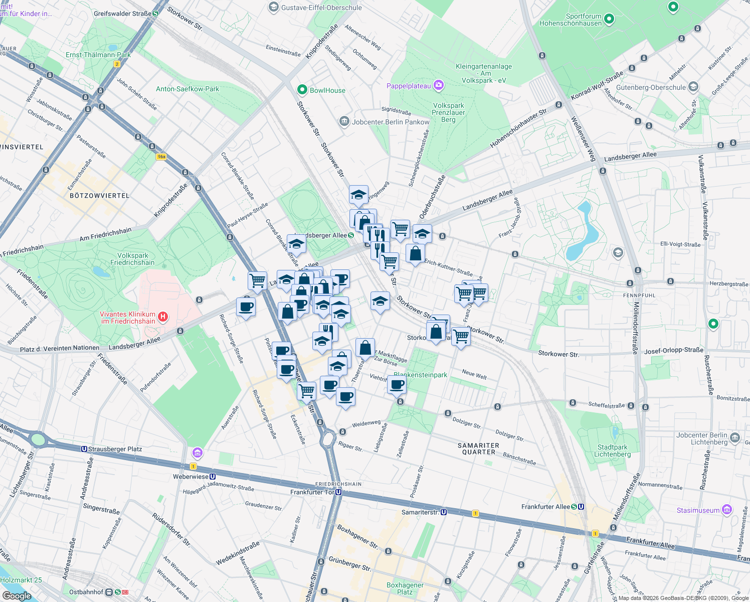 map of restaurants, bars, coffee shops, grocery stores, and more near 20 Hermann-Blankenstein-Straße in Berlin