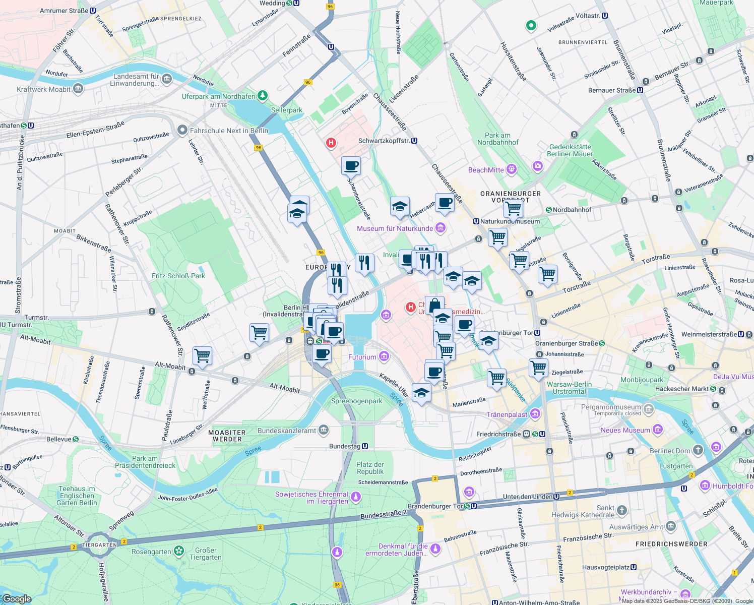 map of restaurants, bars, coffee shops, grocery stores, and more near 78 Invalidenstraße in Berlin