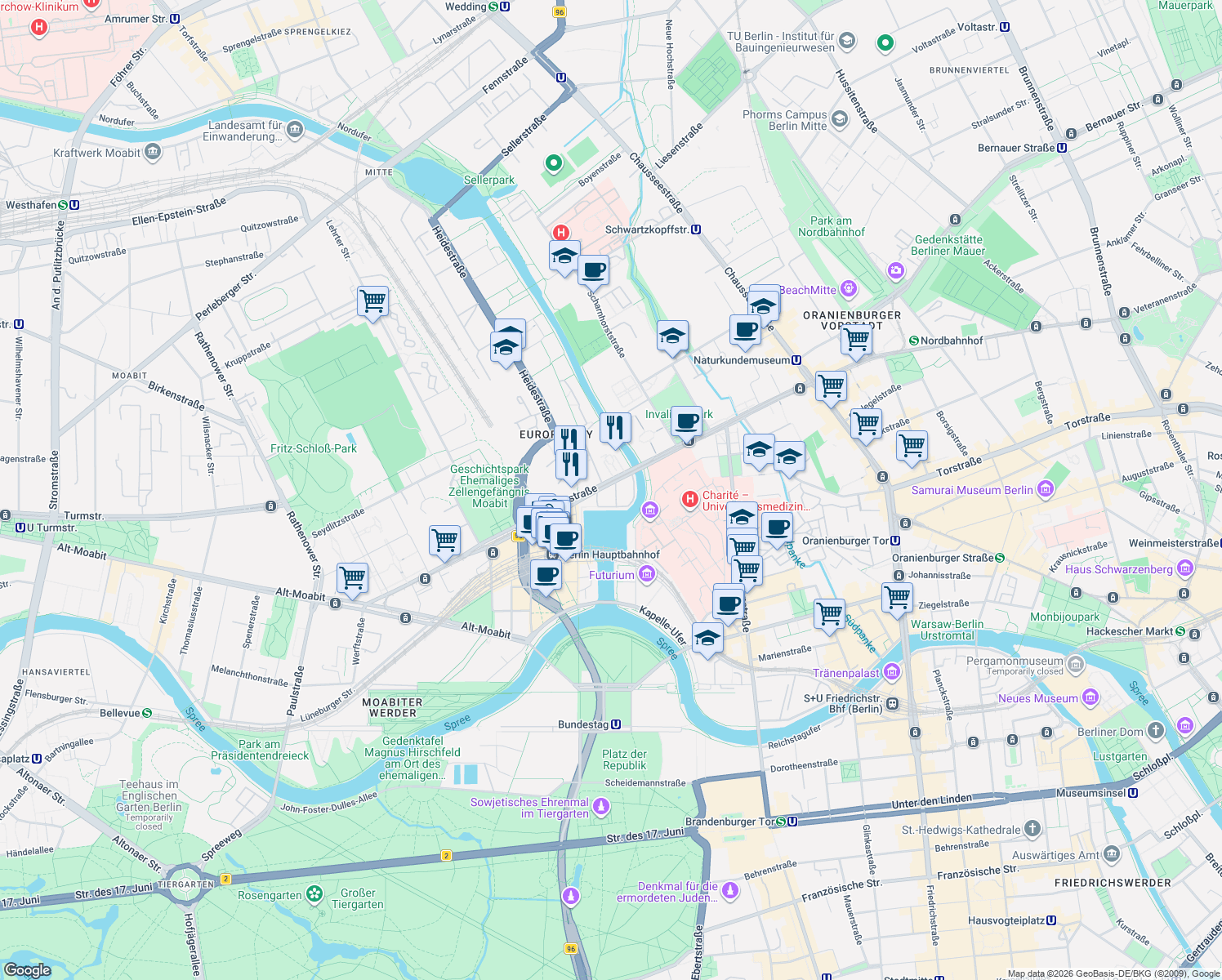 map of restaurants, bars, coffee shops, grocery stores, and more near 79 Invalidenstraße in Berlin
