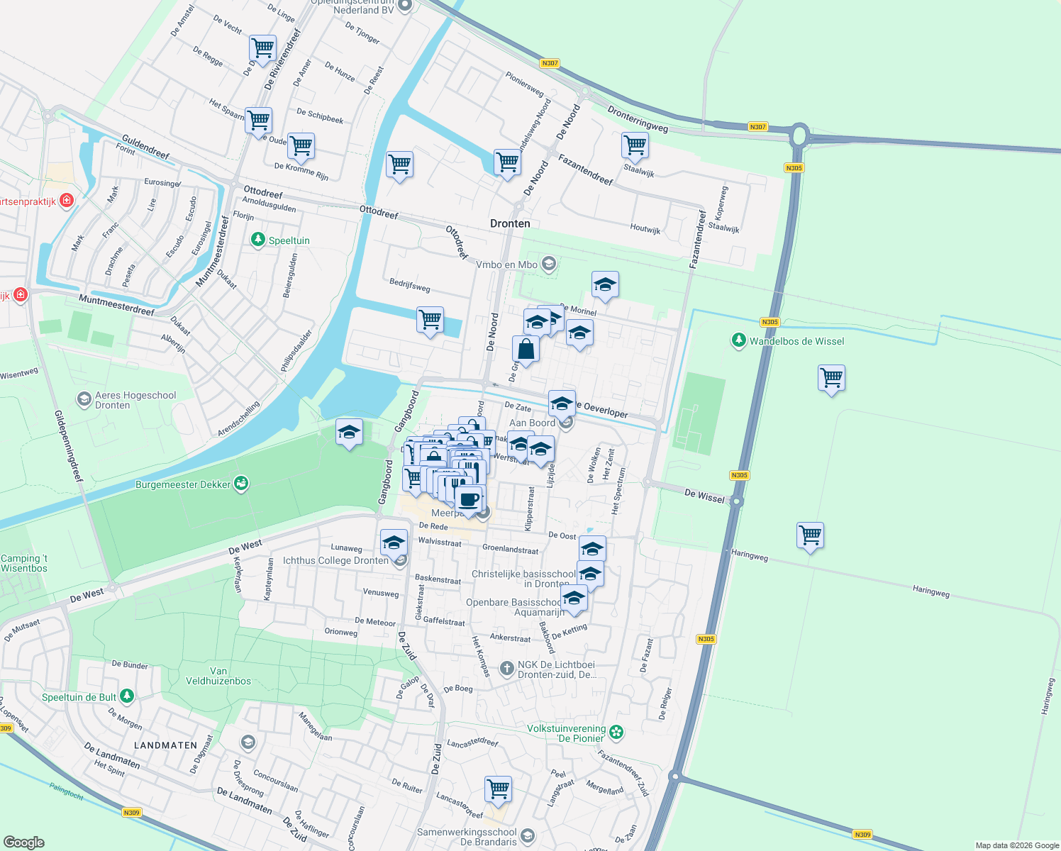 map of restaurants, bars, coffee shops, grocery stores, and more near in Dronten