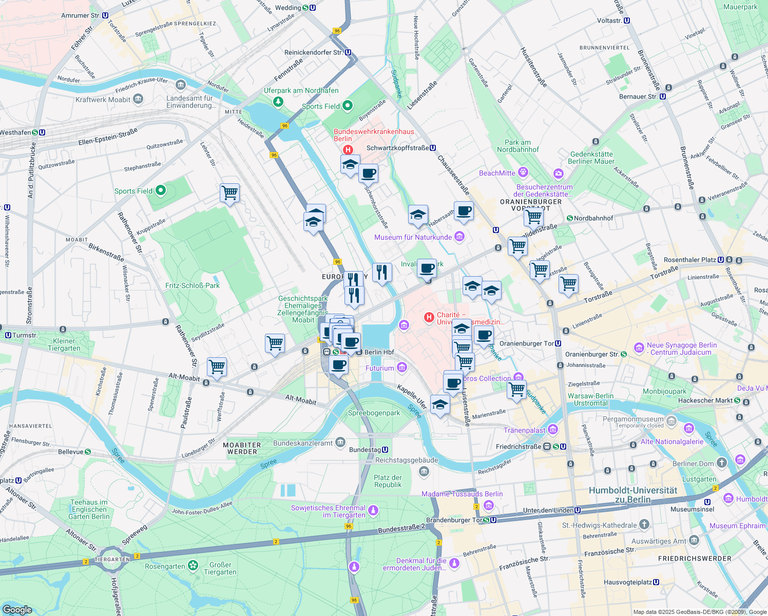 map of restaurants, bars, coffee shops, grocery stores, and more near 78 Invalidenstraße in Berlin