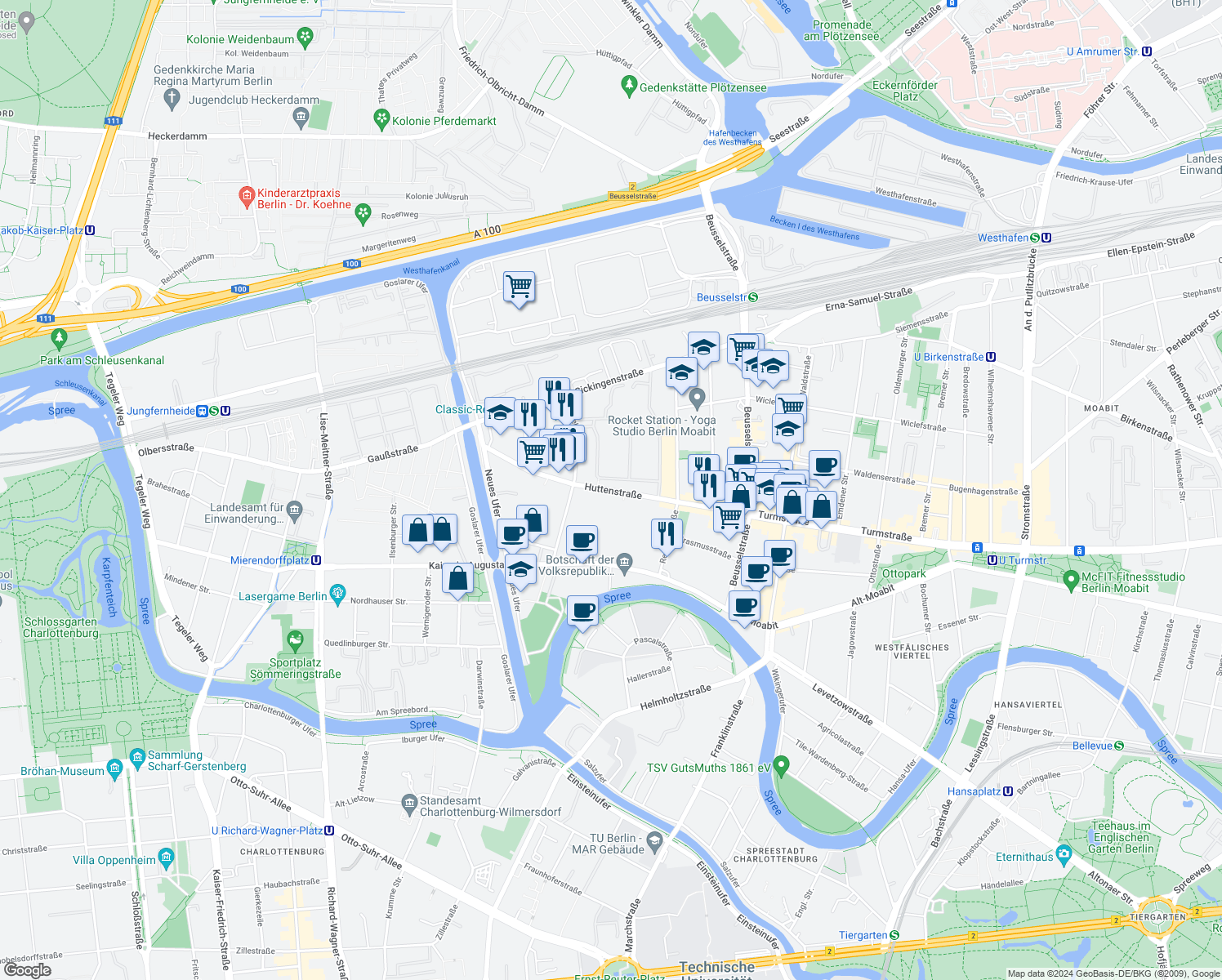 map of restaurants, bars, coffee shops, grocery stores, and more near Huttenstraße in Berlin