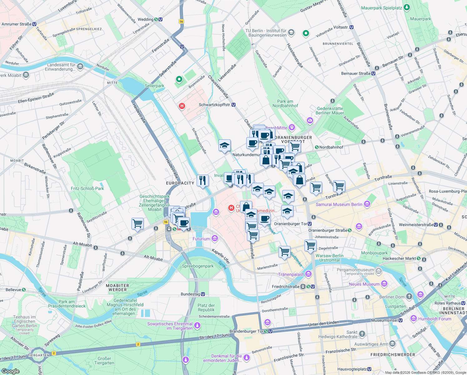 map of restaurants, bars, coffee shops, grocery stores, and more near 91 Invalidenstraße in Berlin