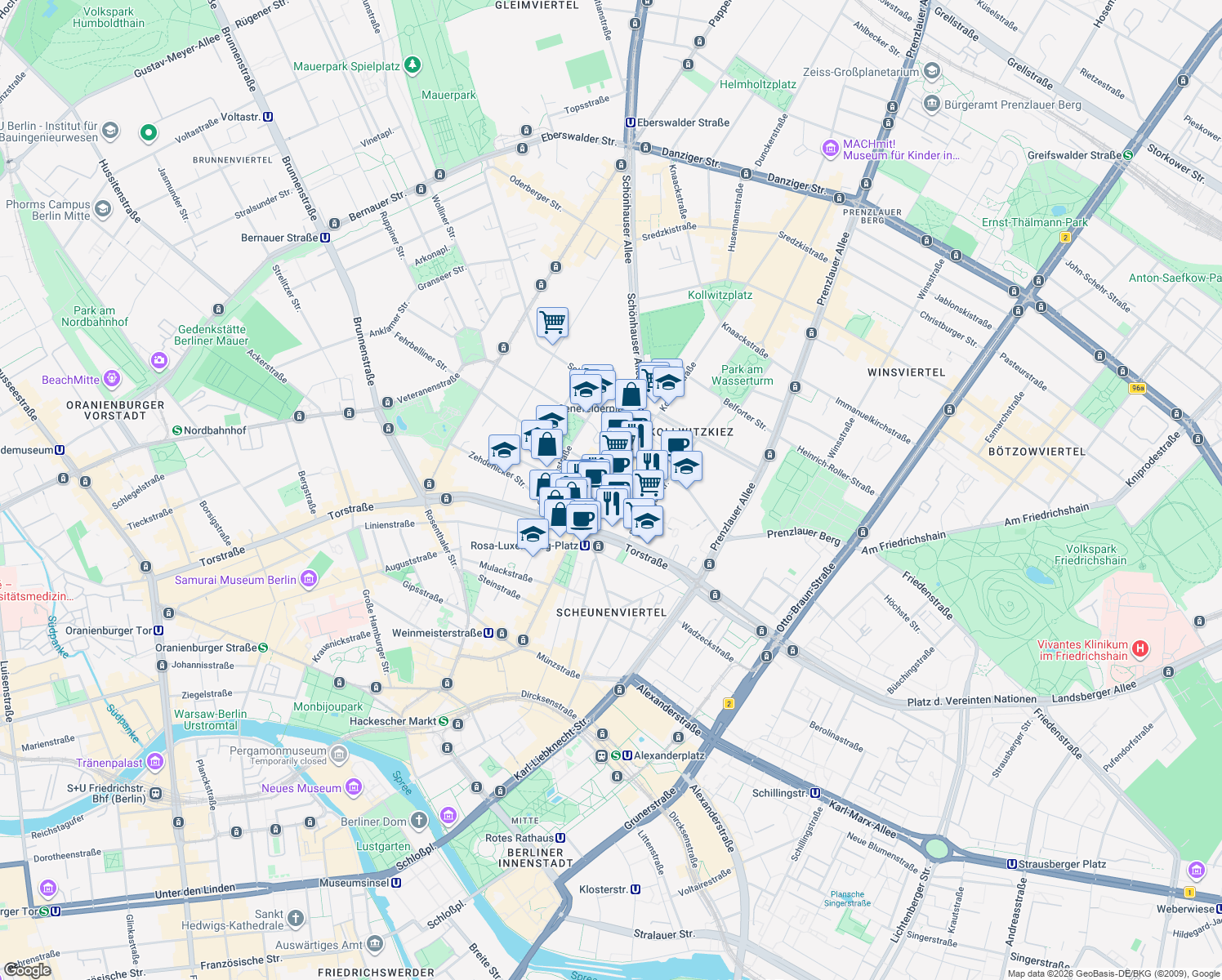 map of restaurants, bars, coffee shops, grocery stores, and more near 9 Schönhauser Allee in Berlin
