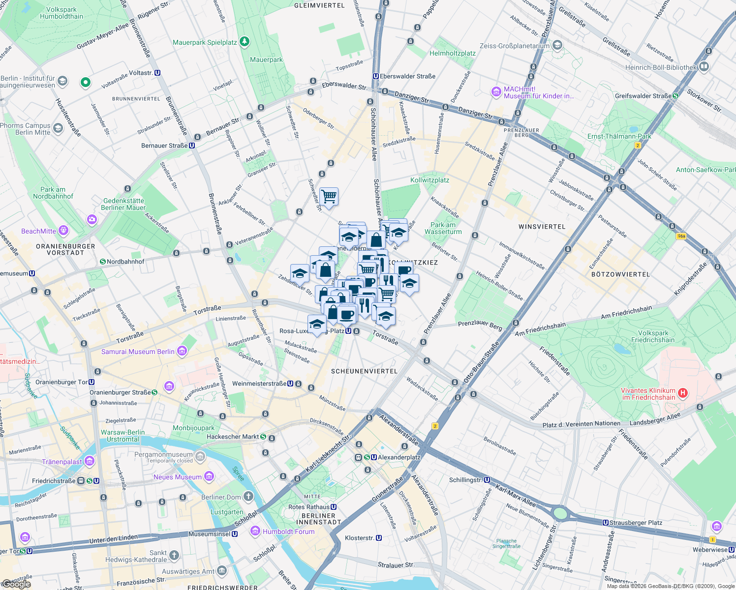 map of restaurants, bars, coffee shops, grocery stores, and more near 9 Schönhauser Allee in Berlin
