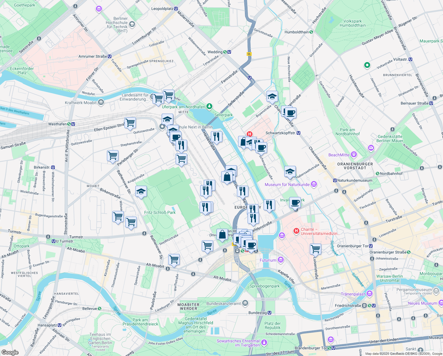 map of restaurants, bars, coffee shops, grocery stores, and more near 43 Heidestraße in Berlin