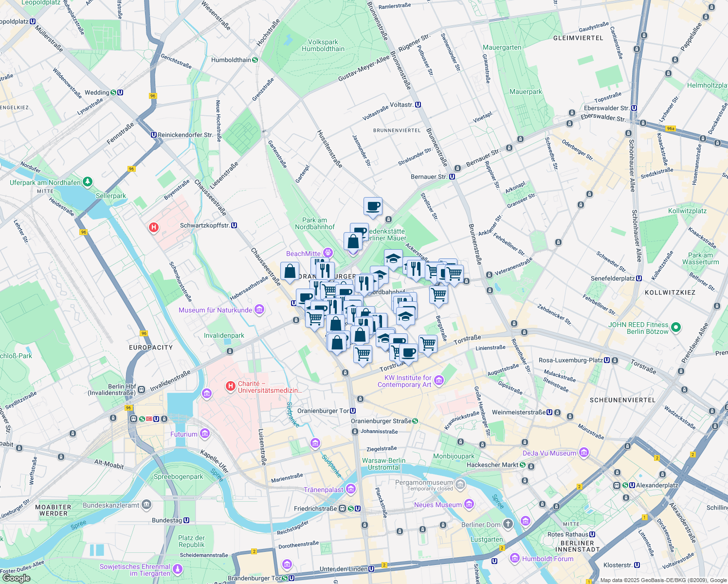 map of restaurants, bars, coffee shops, grocery stores, and more near 131 Invalidenstraße in Berlin