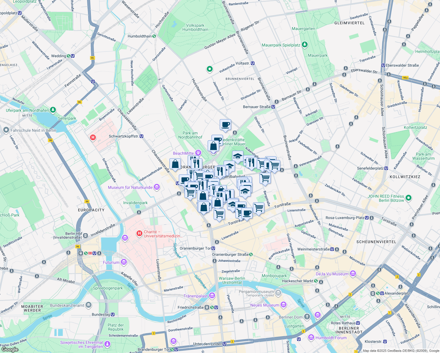 map of restaurants, bars, coffee shops, grocery stores, and more near 131 Invalidenstraße in Berlin