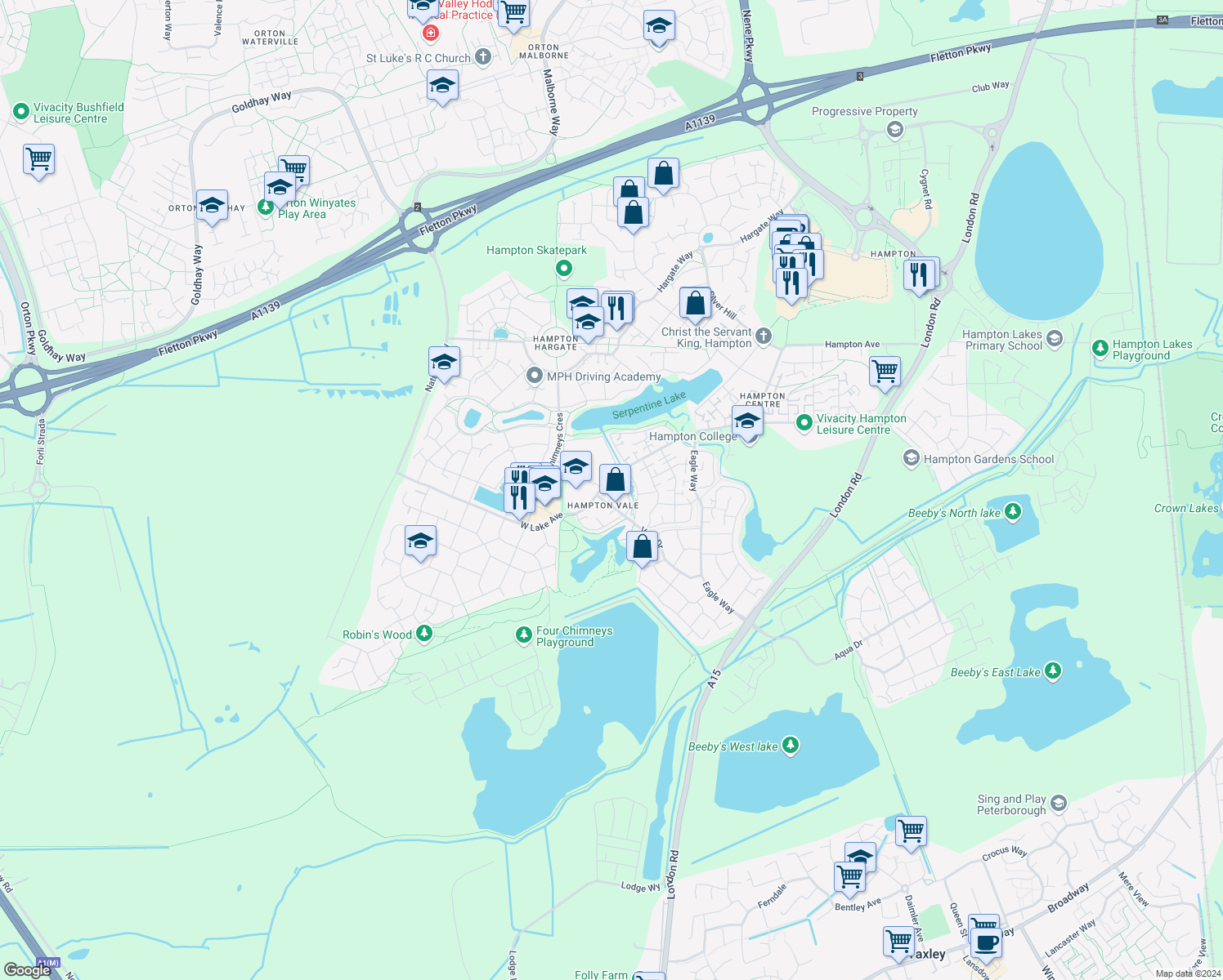 map of restaurants, bars, coffee shops, grocery stores, and more near 101 Vale Drive in Peterborough