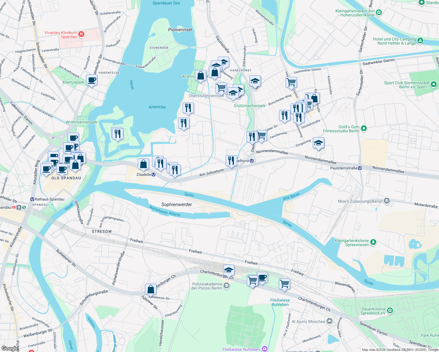 map of restaurants, bars, coffee shops, grocery stores, and more near 19 Am Juliusturm in Berlin