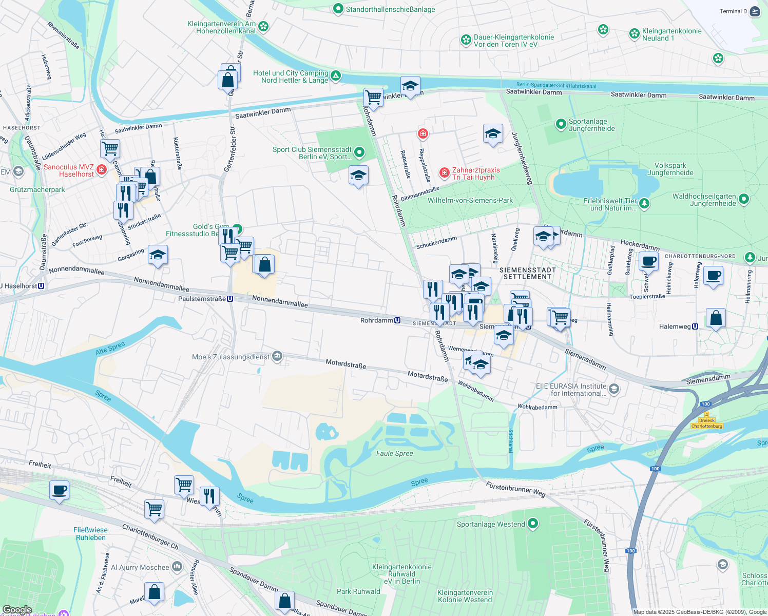 map of restaurants, bars, coffee shops, grocery stores, and more near 104 Nonnendammallee in Berlin